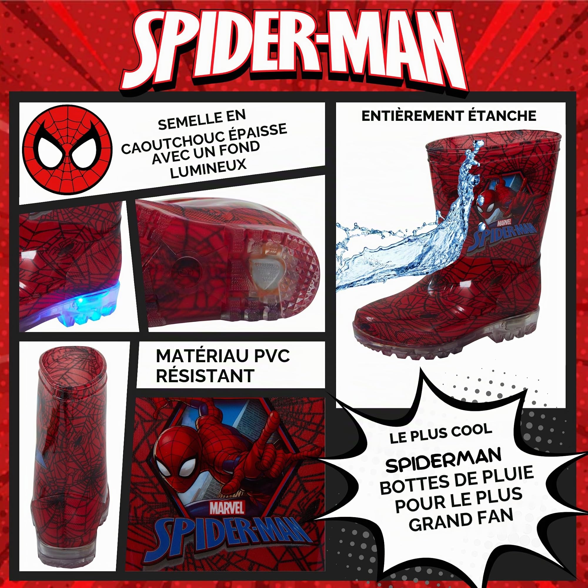 Marvel Spiderman Light Up Wellington Bottes Enfants Clignotant Pluie Neige Chaussures Wellies
