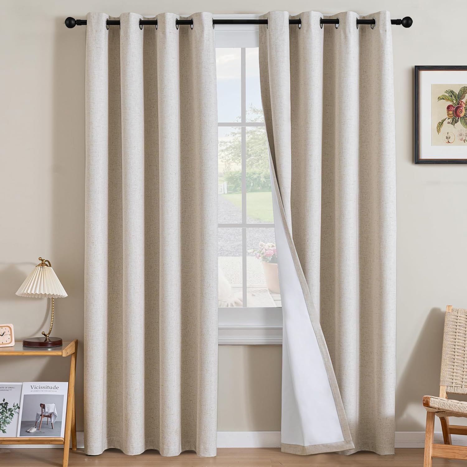 H.VERSAILTEX Linen Curtains 100% Blackout Curtains for Bedroom 84 inch Long Full Light Blocking Nature Linen Blended Window Curtains for Living Room Nickel Grommet (2 Panels, Heathered Natural) Heathered Natural 52"W x 84"L (Pack of 2)