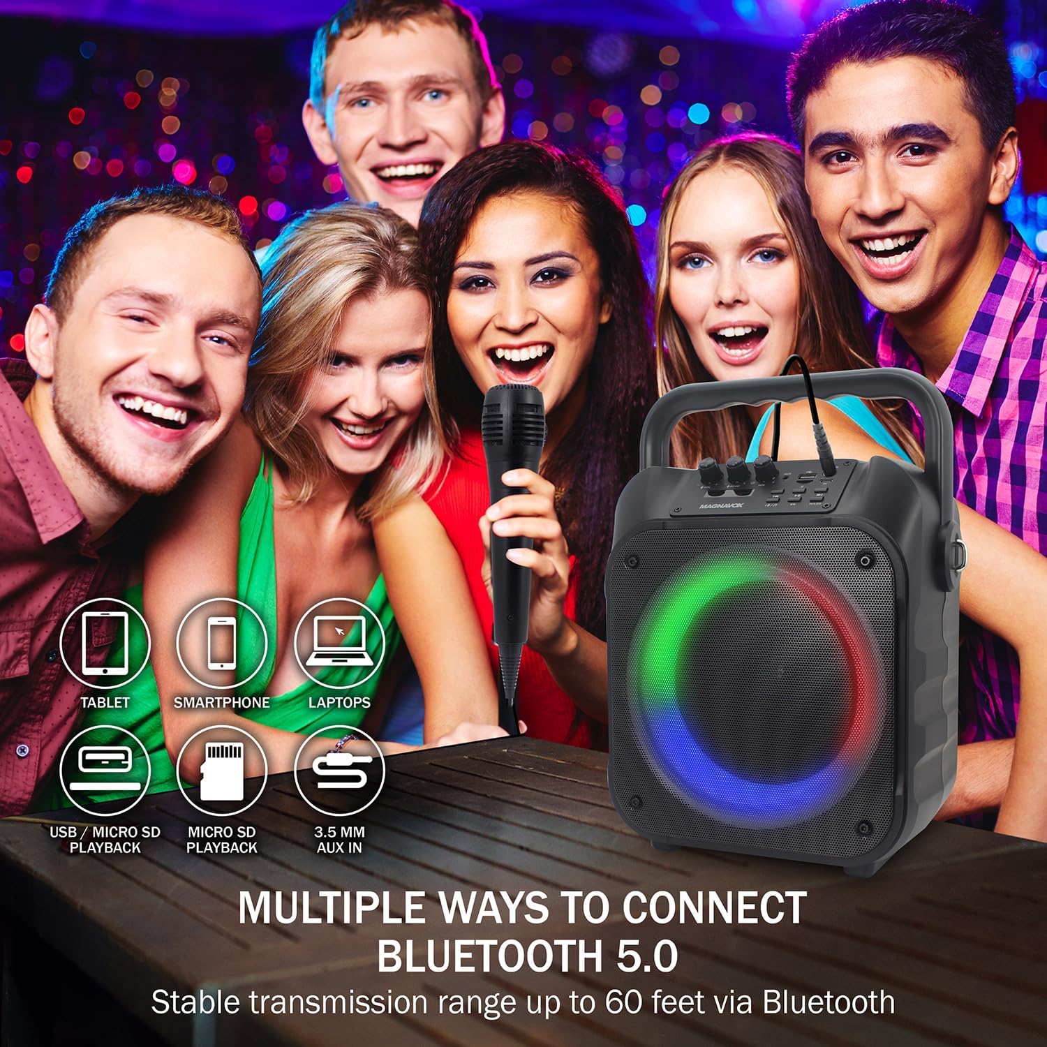 Magnavox MHT778 Portable Karaoke System w/Lights, Bluetooth, 12W Output, USB/Micro SD/Aux Input, 1 Wired Mic, PA System at Home/on the go, Built in Rechargeable Battery, Big Sound in a Little Package
