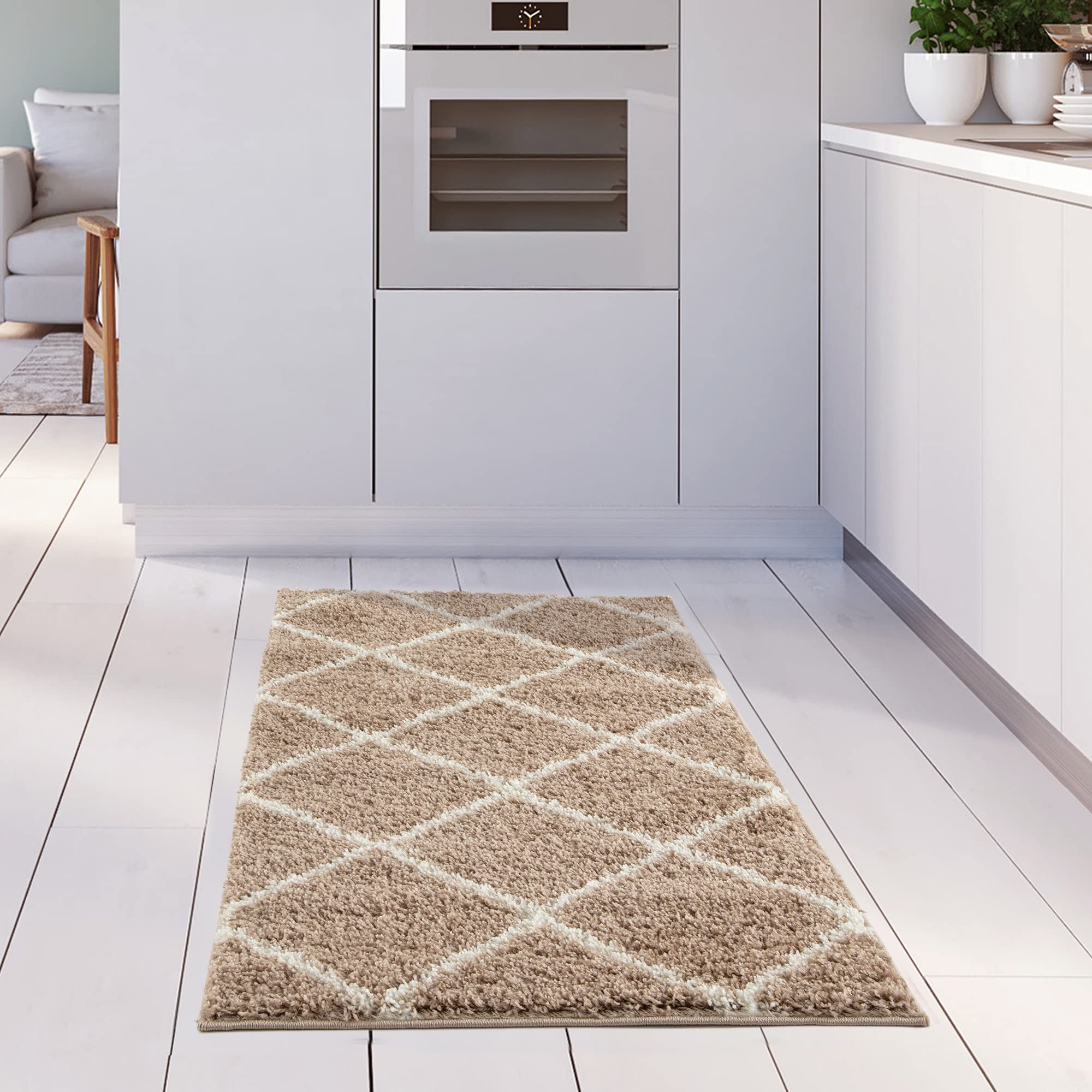 THE RUGS Shaggy Rug, Modern Moroccan Design Rugs for Living Room Bedroom, Hallway, 3 cm Thick Area Rugs, (Diamond Beige/Ivory - Image 4