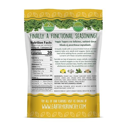 Miniatura 2 de Earthy Krunchy Snacks Veggie Toppers - Sabor a ajo limón y queso - Juego de condimentos orgánicos multiusos - Sin aditivos - Condimento vegetal bajo