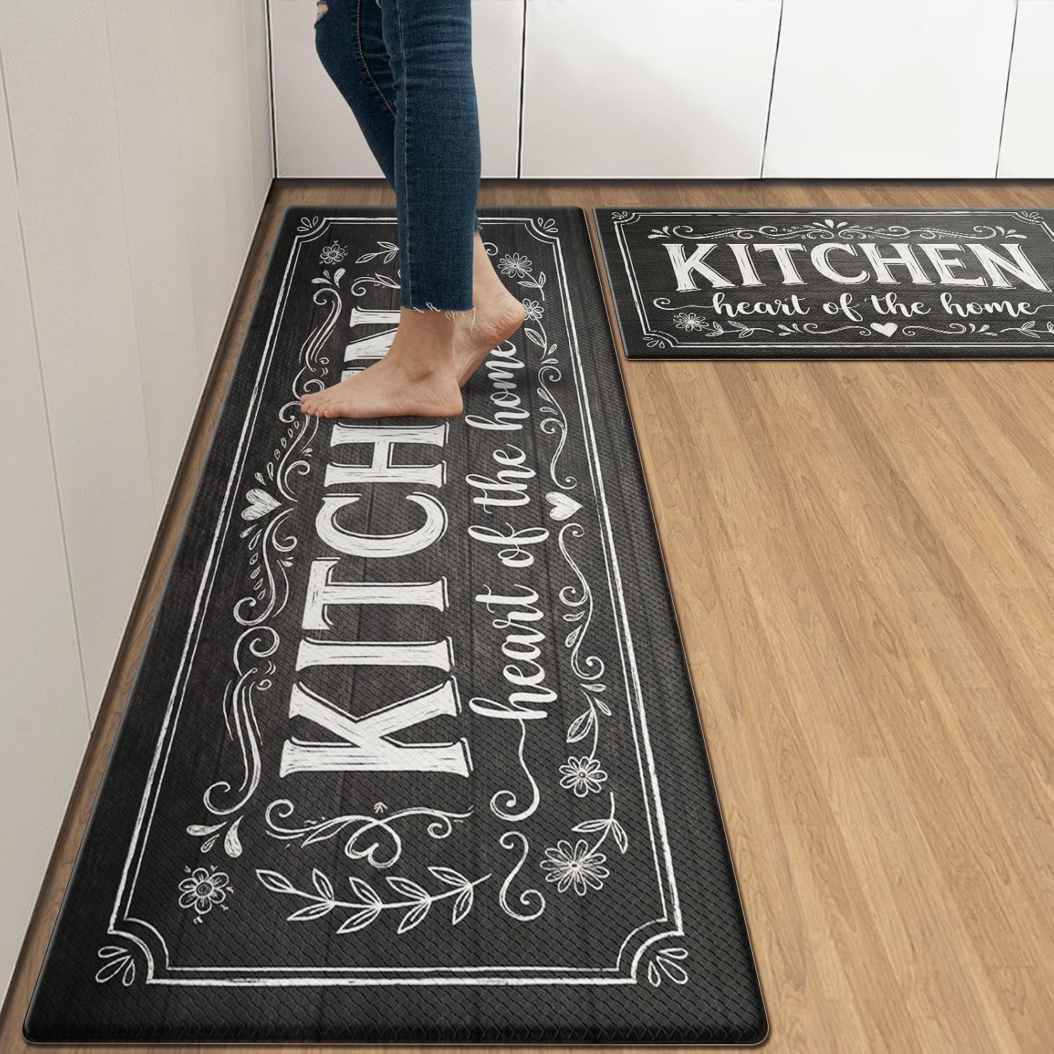 Kitchen Rugs Set of 2, Cushioned Anti Fatigue Kitchen Mats for Floor, Waterproof Non Slip Mat, Washable PVC Comfort Foam Standing Mat for Sink, Laundry, Office, 17.3" x 28" + 17.3" x 47" Black Wooden1