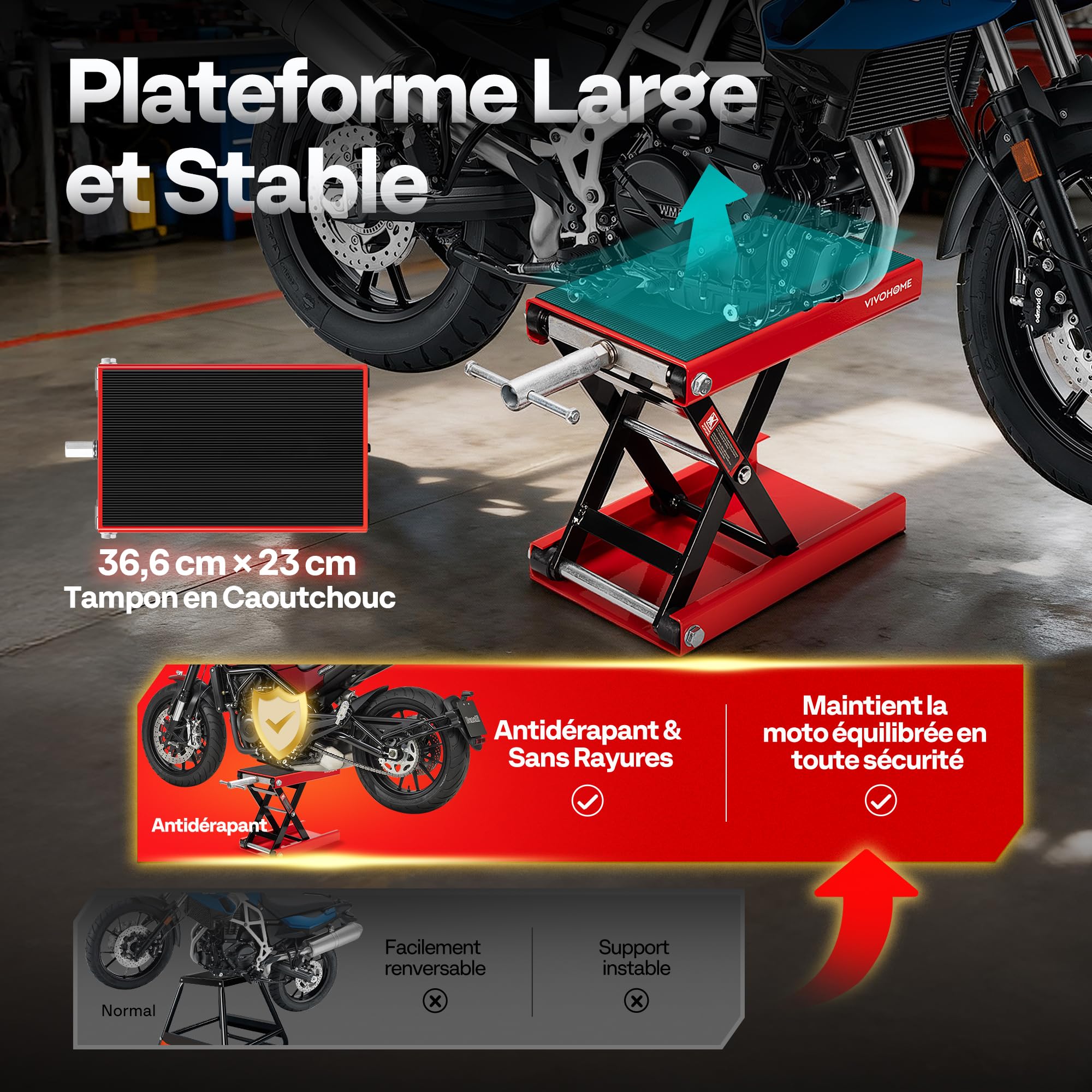 VIVOHOME Élévateur de Moto à Ciseaux en Acier avec Large Plateforme et Manivelle, Support Central Capacité 500kg pour ATV Motos Tout Terrain Garage Réparation Rouge