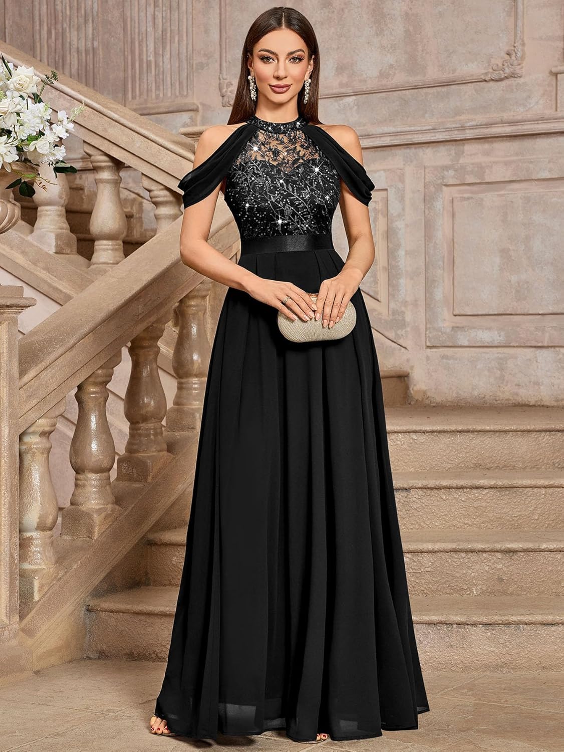 Miusol Women's Classic Lace Sleeveless Sequin Contrast Chiffon Bridesmaid Maxi Dress - Image 4