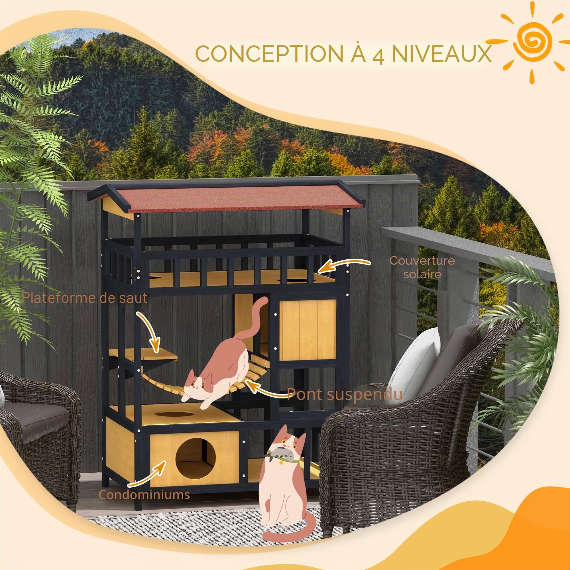 PawHut Maison extérieure pour Chat 4 Niveaux avec Pont Suspendu, Balcon | Abri en bois pour chat, portes de sortie, toit résistant à l'eau, pour 1-2 chatons