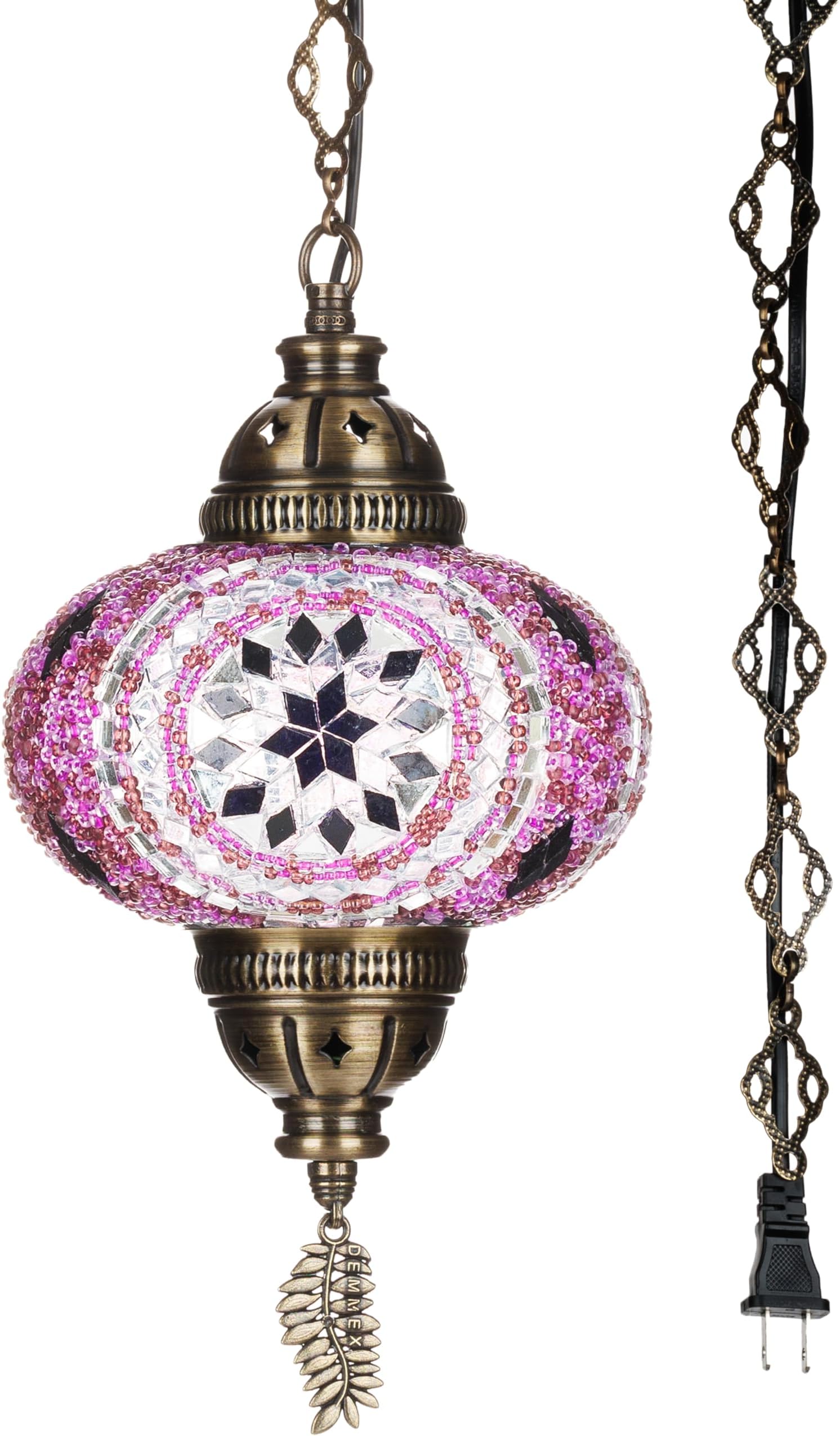 DEMMEX Plug-in Turkish Moroccan Mosaic Hanging Pendant Ceiling Light – Swag Lamp Fixture with 15ft Cord & Chain, Handcrafted Glass, Tiffany Style, Mediterranean Decor (Lilac)