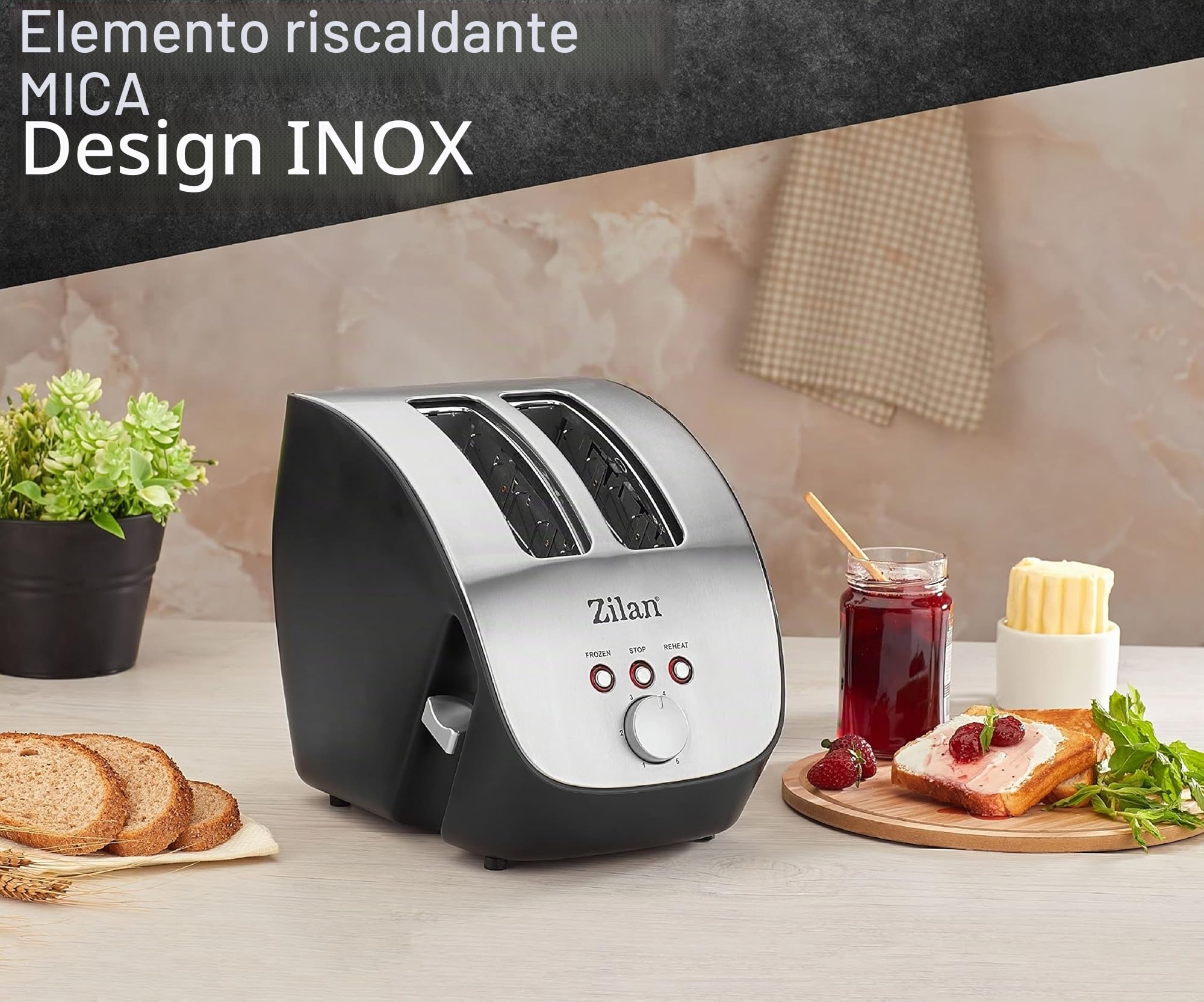 Zilan, Tostapane in acciaio inox, tostapane da 1000 W - 2 ampie fessure per tostapane - tostatura a 6 livelli con funzioni di scongelamento, riscaldamento e cancellazione