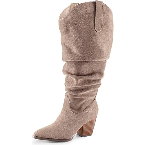 mysoft Women's Wide Calf Knee High Boots Cowgirl Low Chunky Stacked Heel Wide Width Pointed Toe Slouchy Tall Boots with Zippers