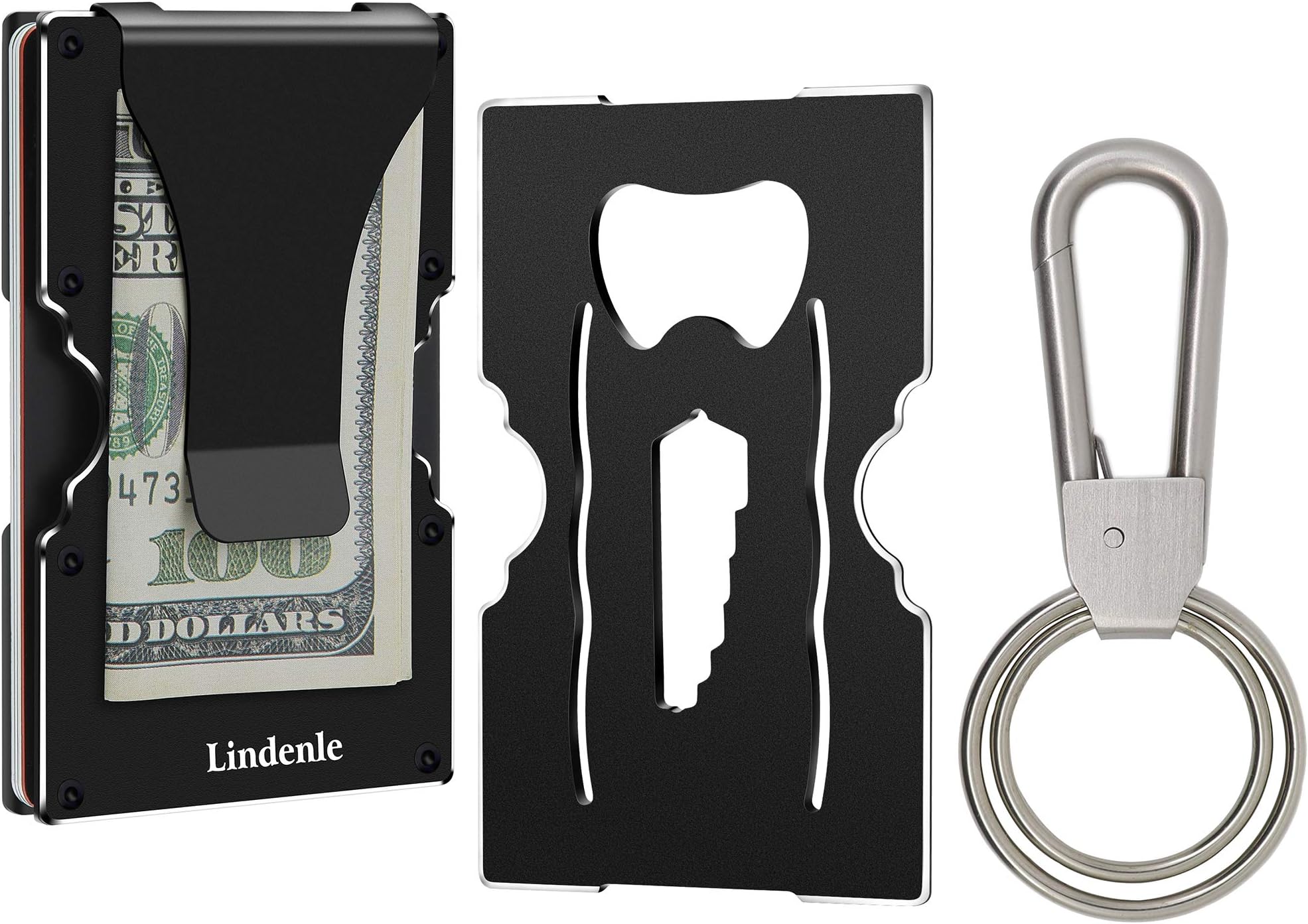 Lindenle Slim Wallet Minimalist Front Pocket Wallet Card Holder RFID Blocking Money Clip with Stainless Steel Keychain