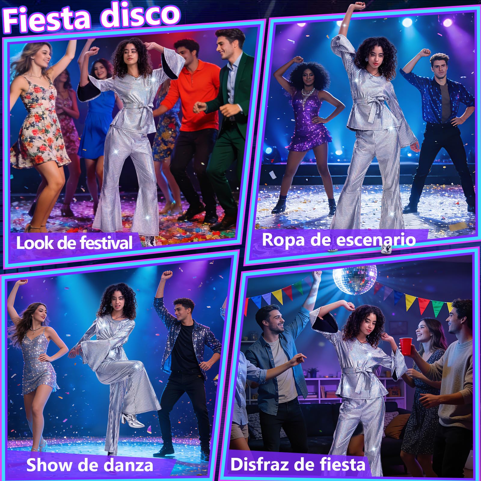 Ulikey Costume da Discoteca da Donna, Brillante 9 Pezzi Set da Discoteca da Donna Vestito Anni 70 con Orecchini, Collana, Occhiali da Sole, Parrucca per Carnevali, Riunioni di Famiglia
