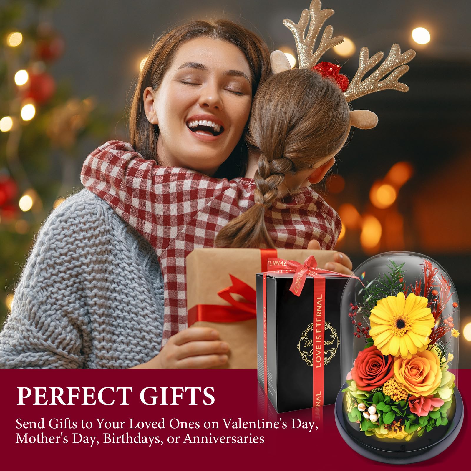 Touloube Gerbera y Rosa Eterna Preservadas en Cúpula de Cristal con Luz LED | Regalo de Día de la Madre para Mamá, Perfecta Regalo Girasol para Mujeres, Novia y Esposa | Flores Preservadas