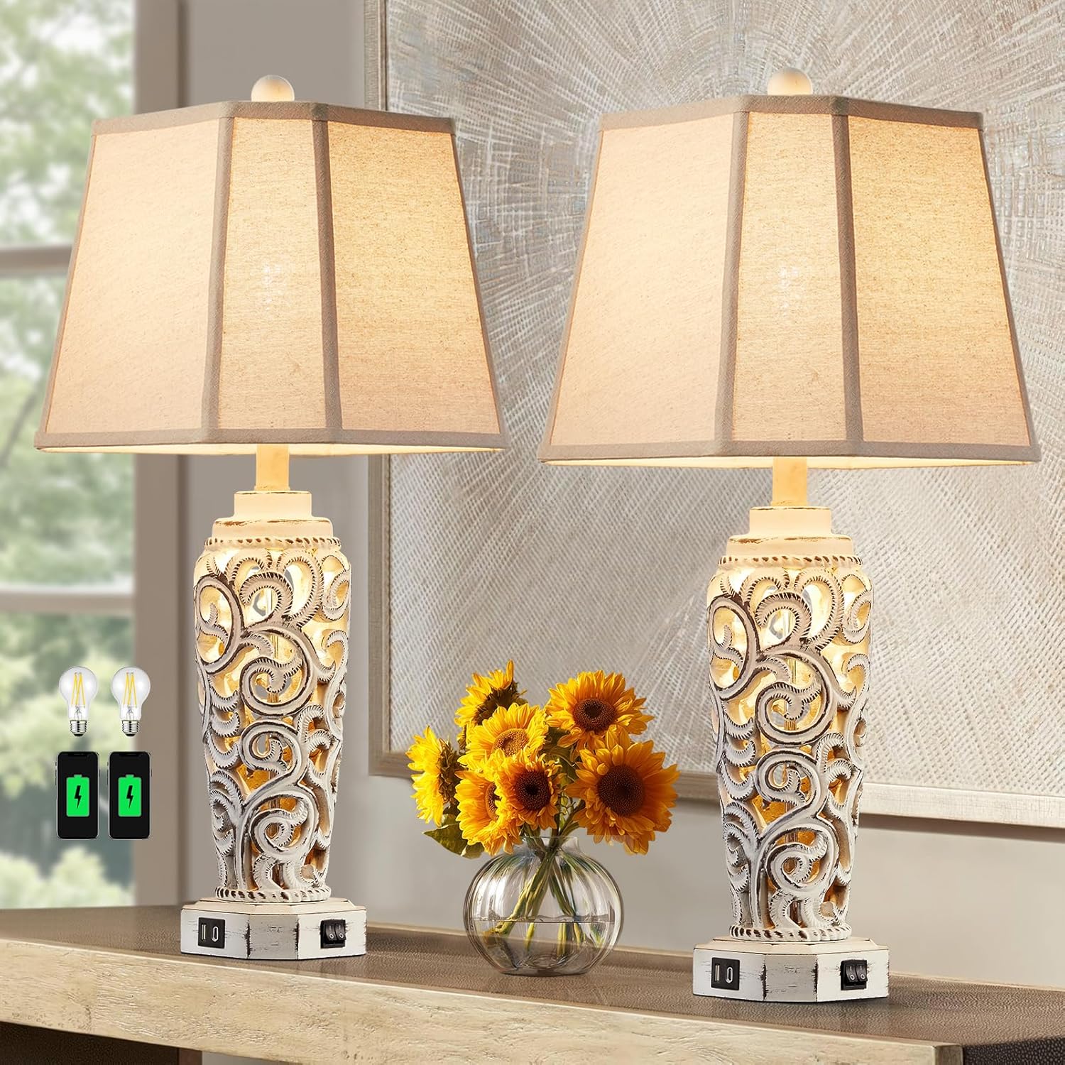 27" Rustic Table Lamps Set of 2 for Living Room with USB A+C Ports, Vintage Nightstand Bedroom Lamp with Hollow Nightlight