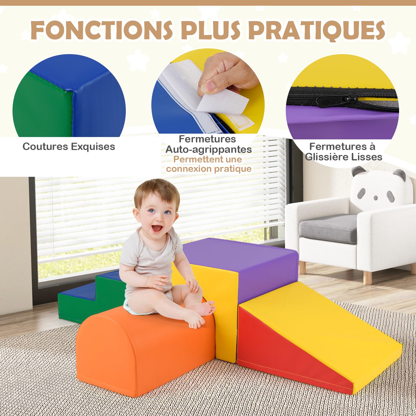 GOPLUS 4 PCS Parcours Motricité Bébé, Module Motricité en Mousse, PU+EPE Haute Densité, Attaches Auto-Agrippantes, Jouets Montessori Convient pour 3 Ans+ (Bleu+Orange)