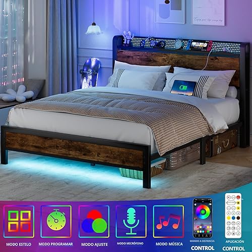 Miniatura 4 de Furnulem Base de cama matrimonial con luces LED, cabecera de almacenamiento industrial con toma de corriente y puerto USB, plataforma de madera con