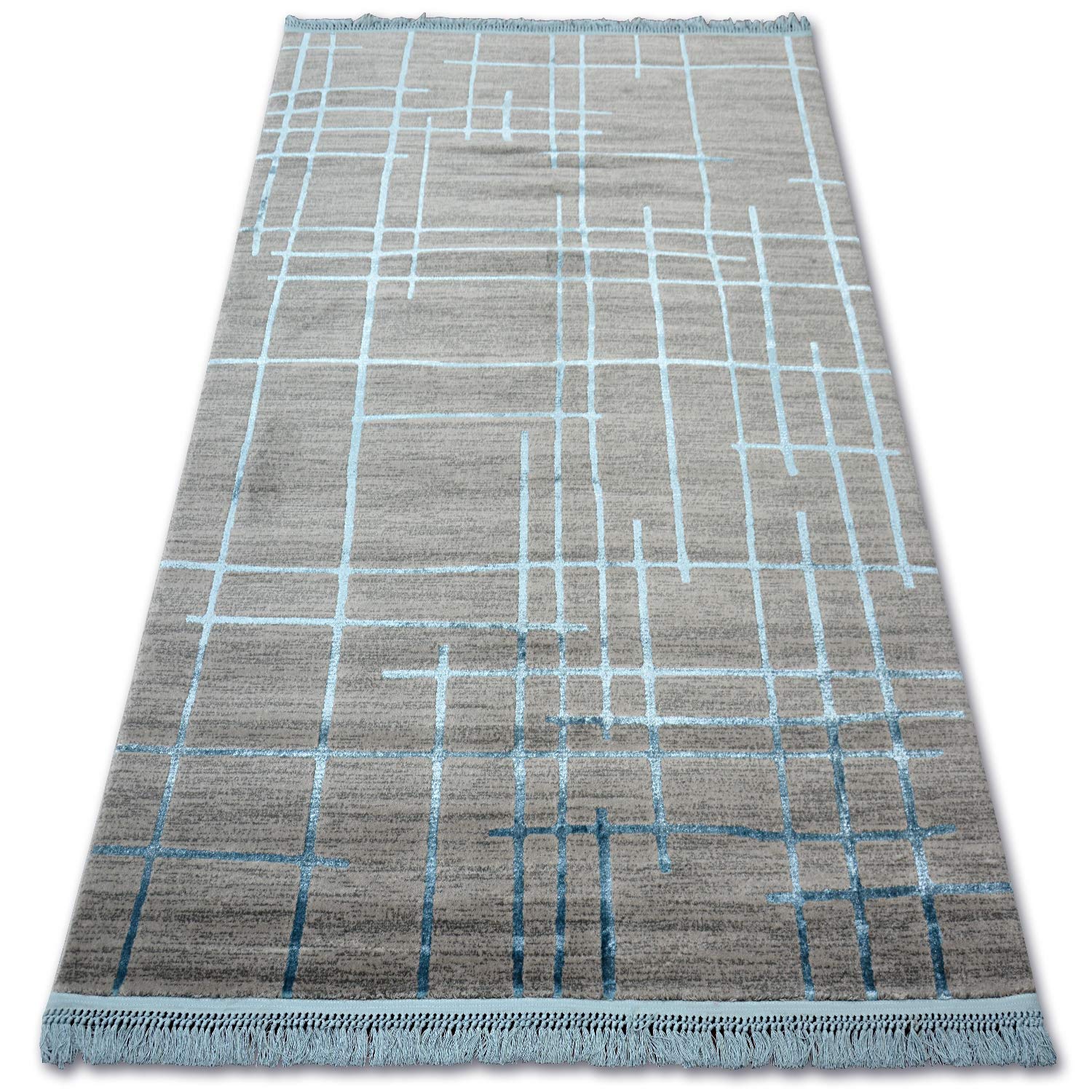Tapis acrylique MANYAS gris et bleu 100x300 cm pour grand couloir chic