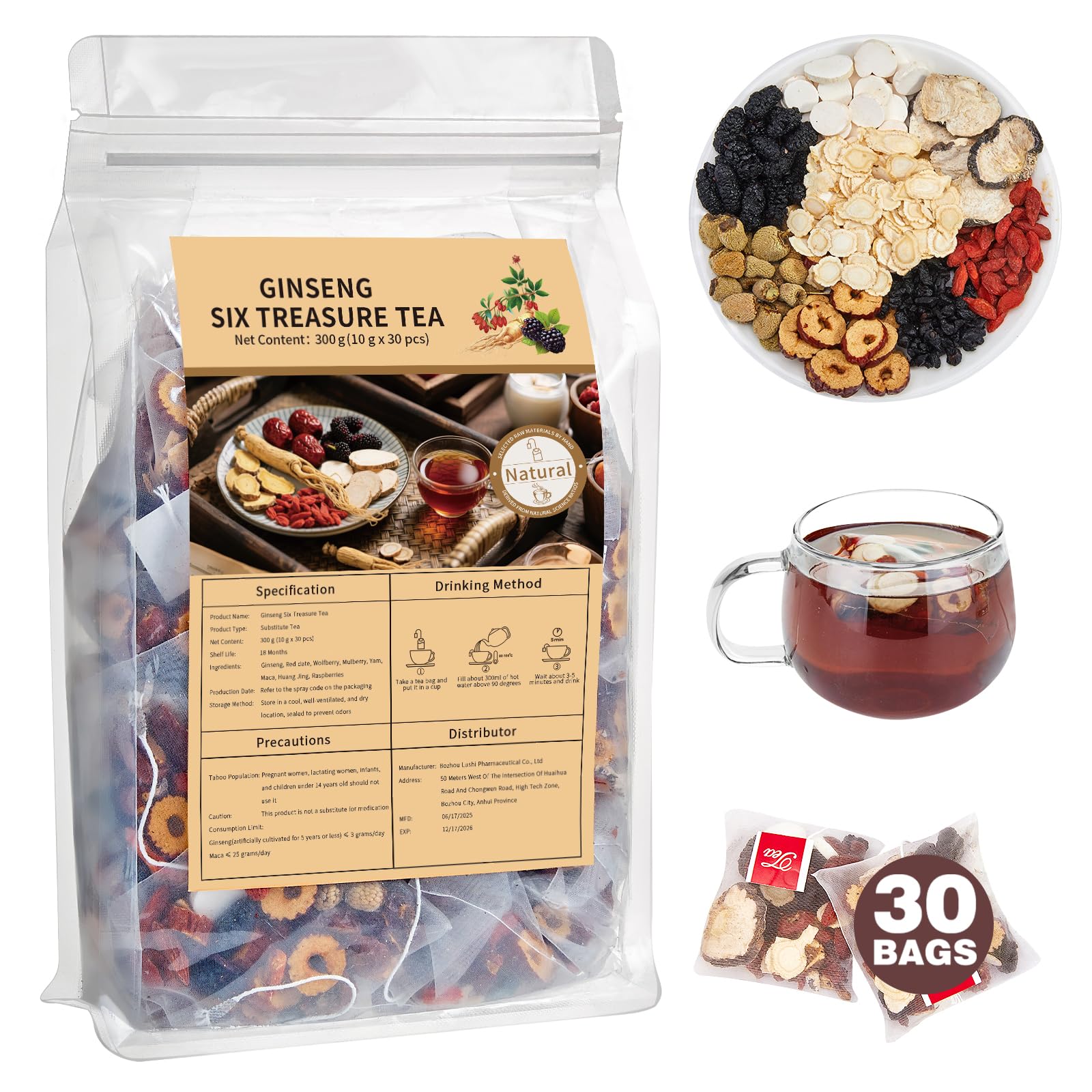 Kidney Tea Formula Ginseng Six Treasure Tea Ginseng Mulberry Herbal Tea Kidney Cleanse Detox Repair Traditional Chinese Herbal