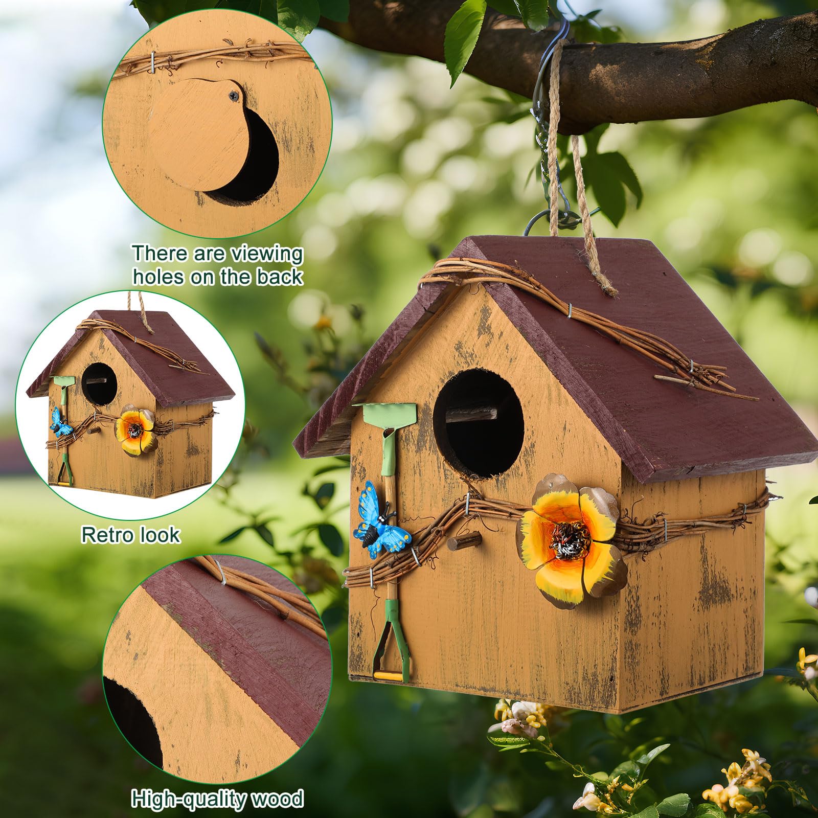 DoubleFill Dekoratives Vogelhaus für den Hof zum Aufhängen, Holz, handbemalt, Vogelhaus für Vogelliebhaber, Blauvogel, Baum, Schwalbe, Wildküken, Gartendekoration (Blau, Gelb, Holzdach), 2 Stück