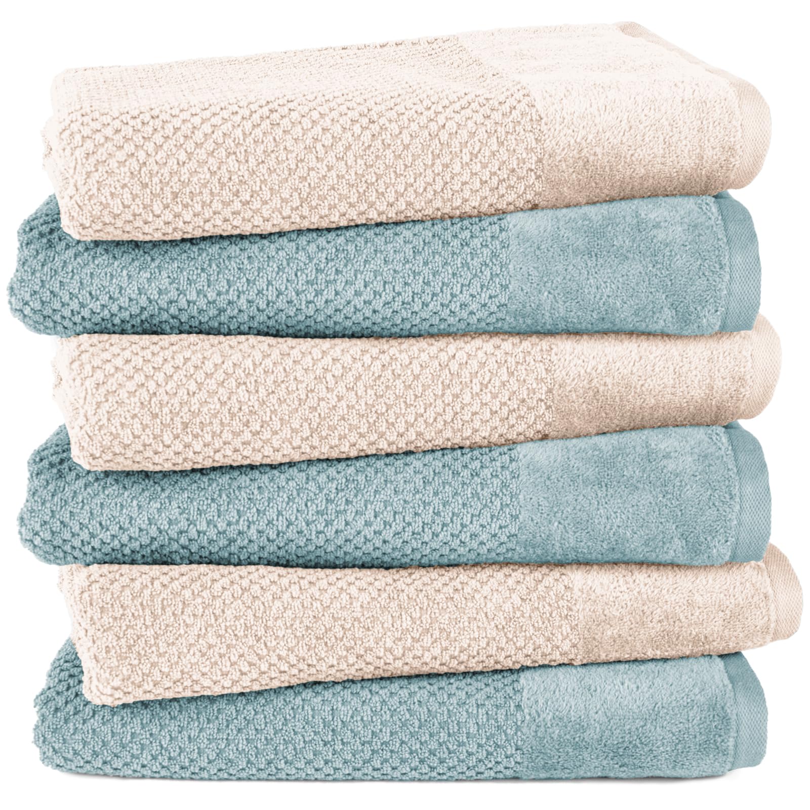 Pure Label 6-TLG. Badetücher Set mit Anhängeschlaufe aus 100% Baumwolle, saugstark, weich und Oeko-TEX Zertifiziert - 6 Badetücher aus Baumwolle 70x140 cm, Creme | Türkis