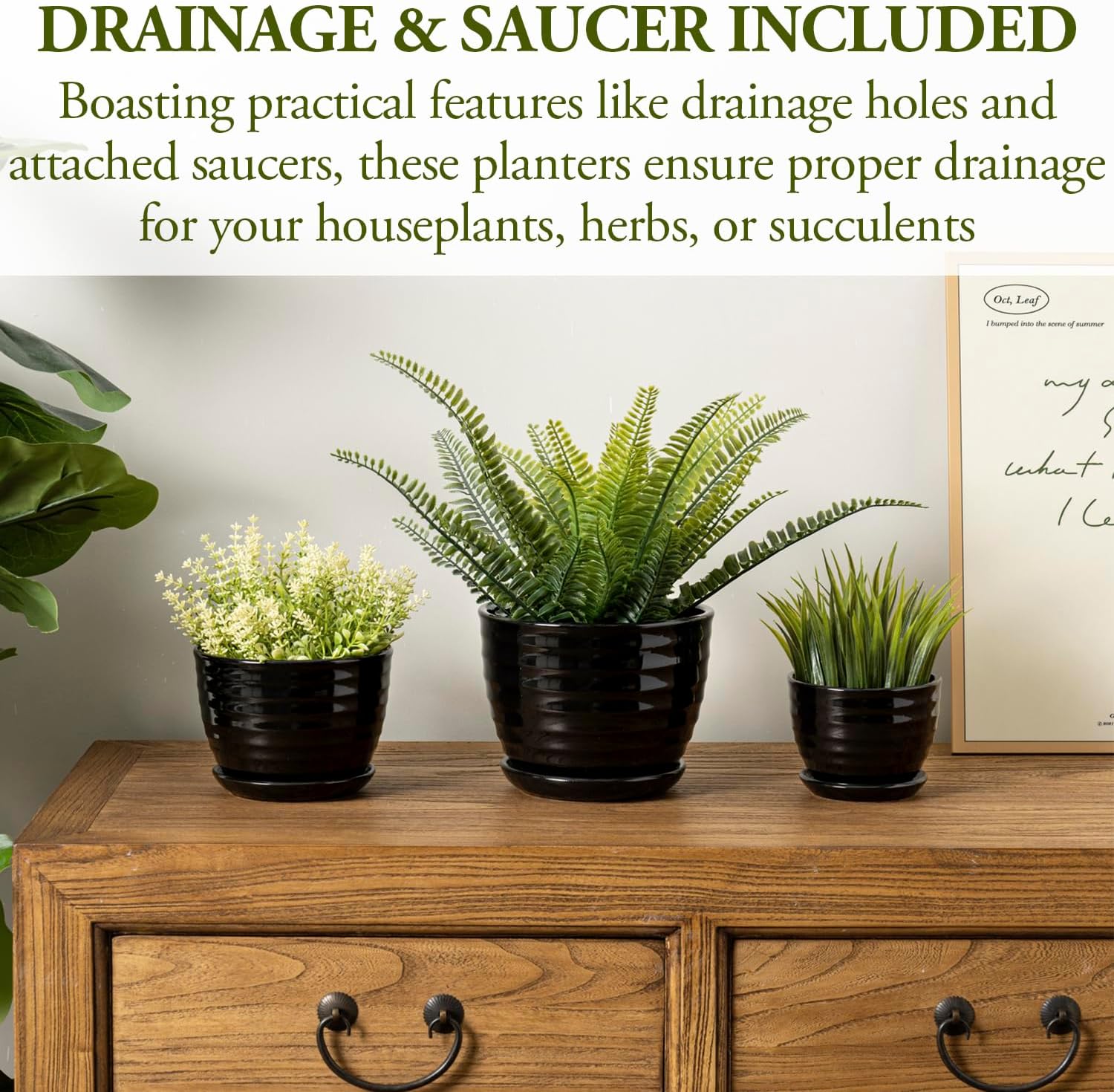MyGift Black Ceramic Pots for Plants, 6.7+5.6+4.5 inch Flower Pots, Plant Pots Indoor with Drainage Holes and Tray, Garden Planters for Succulent and Flowers, Set of 3