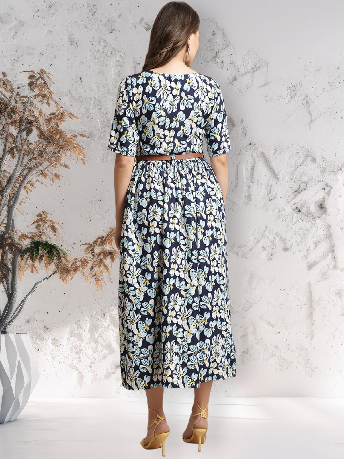 Preneum Girls's Georgette Floral Printed 3/4 Slevees A-Line Fit & Flare Gown With Belt, Sky Blue, S