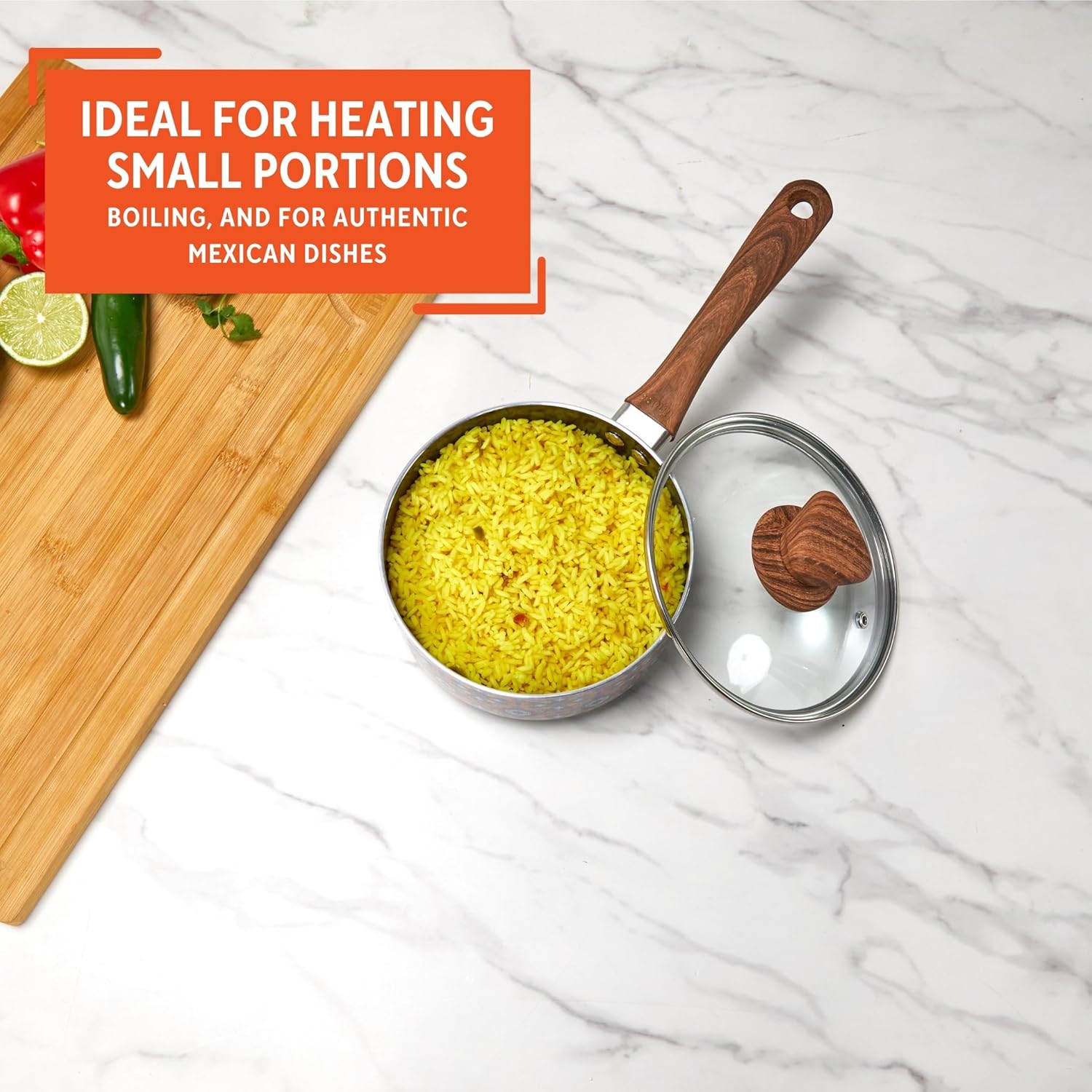 IMUSA 1.5 Quarts Talavera Nonstick Saucepan with Lid, Wood Look and Soft Touch Handle, Ceramic Coated