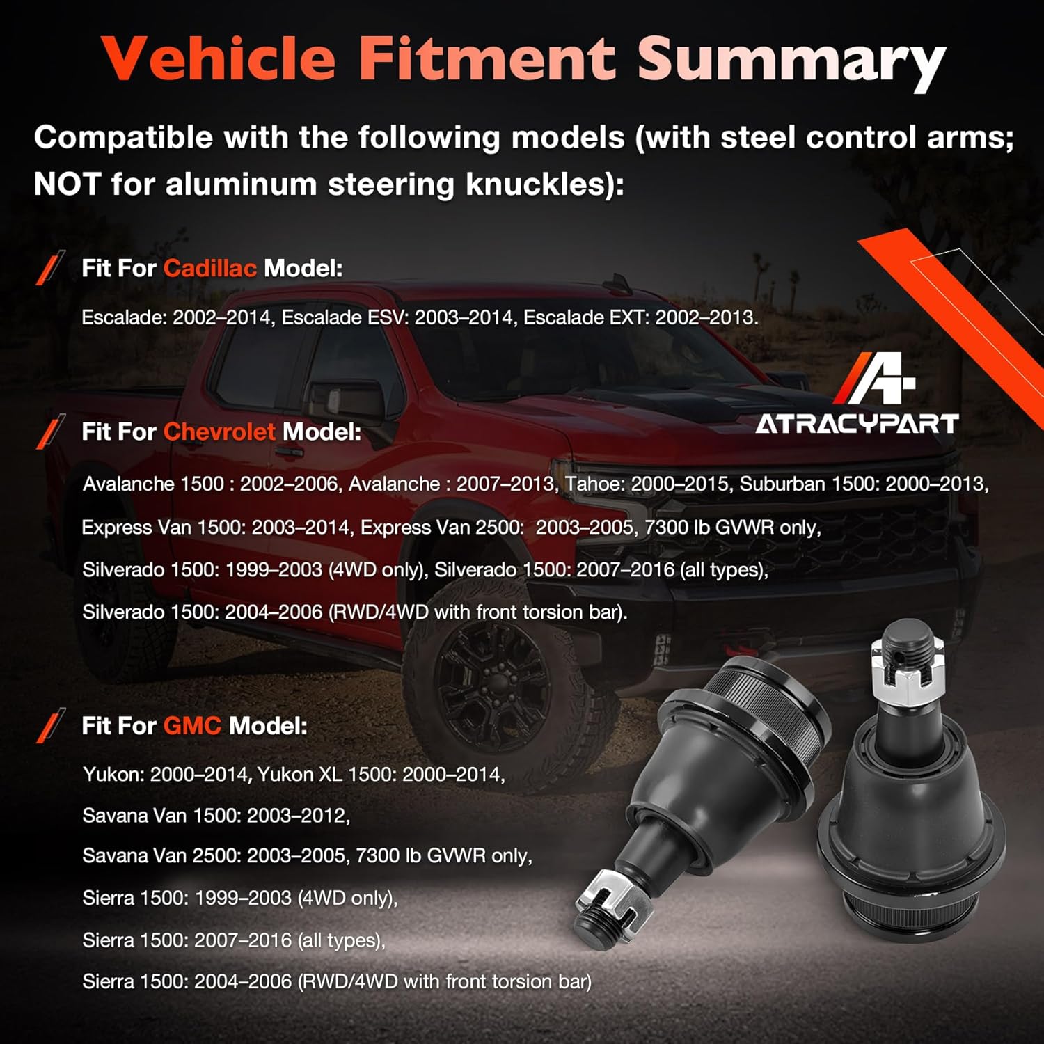 2 Front Lower Ball Joints Compatible with Chevy Silverado 1500 Express 2500 Tahoe Suburban Avalanche, GMC Sierra 1500 Yukon XL Savana, Cadillac Escalade ESV (1999-2016)