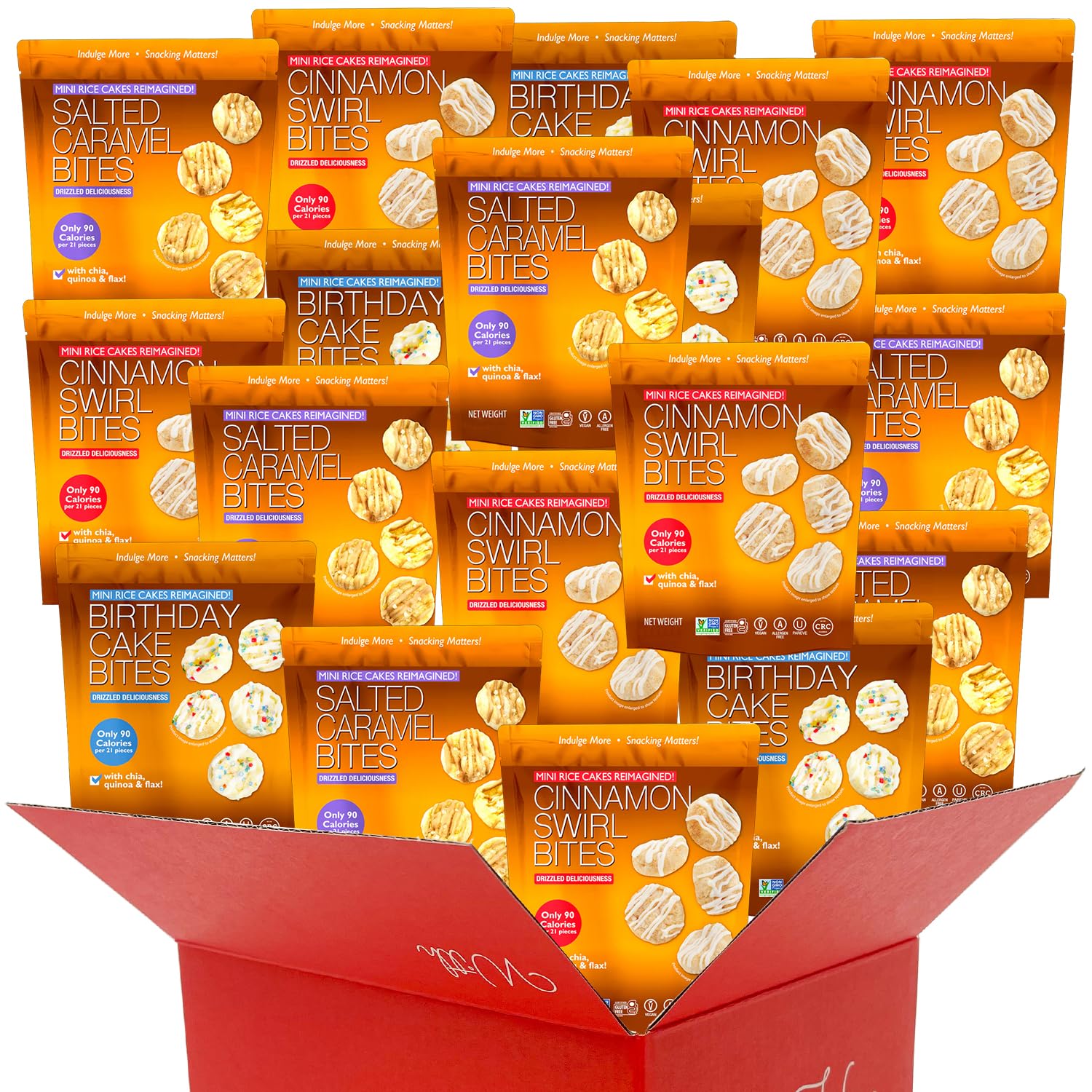 Mini Rice Cakes Variety Pack | 3 Flavors Birthday Cake, Cinnamon & Salted Caramel | Rice Crisps Healthy Snack Adults Kids | Vegan Gluten Free Allergen Free - (28 Bags (12 Birthday Cake, 10 Cinnamon, & 6 Caramel))