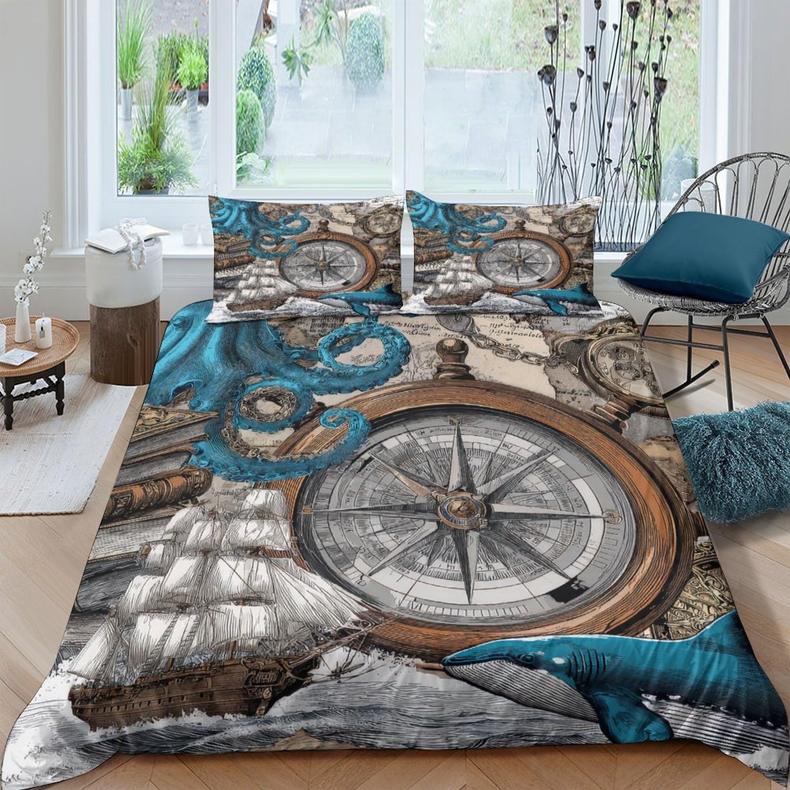 Ctjqhvkz Style-9 3D Printed Vintage Compass Fitted Sheet Microfiber Nautical Map Bed Cover For Bedroom Guest Room Easy Care Decor Single（135X200cm）