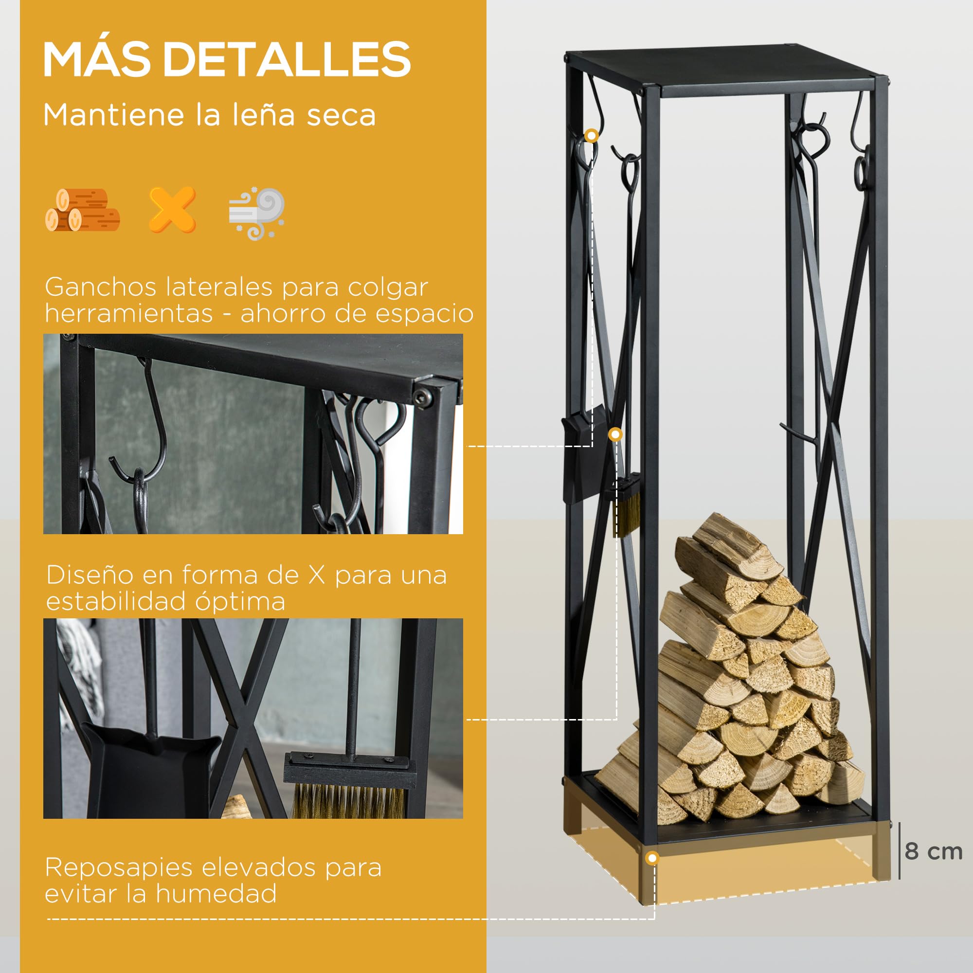 Outsunny Soporte para Leña Estante de Leña Metálico Leñero de Exterior con Ganchos Pala Cepillo Atizador y Tenazas Carga 65 kg para Interior y Exterior 34x34x111 cm Negro
