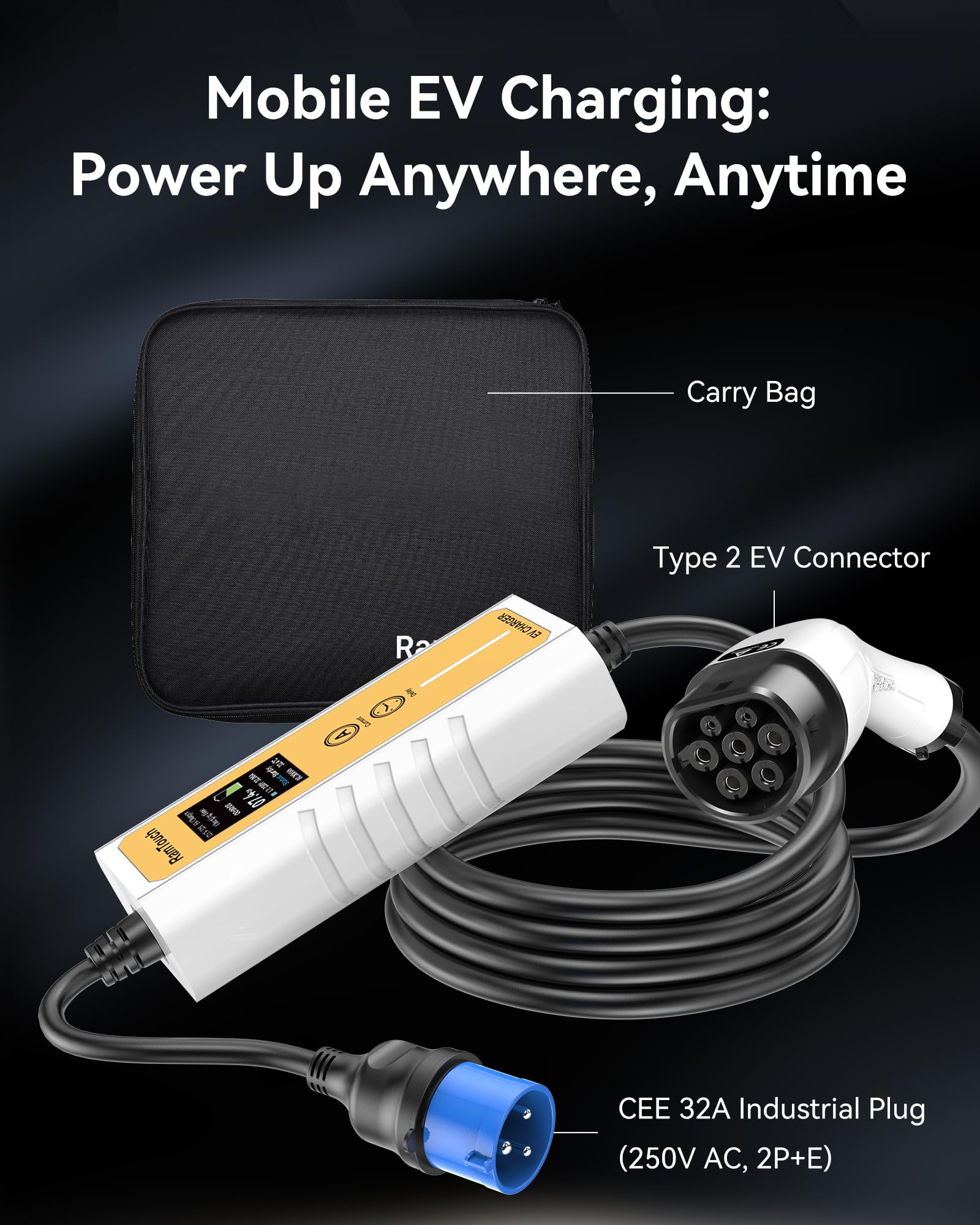 RamTouch Electric Vehicle Charger (7.4 kW, Type 2, 32A Commando Plug, 8.5 m), IP65 Portable Car Charger with Adjustable Current (6A–32A) and Delayed & Timed Charging, Compatible with EVs and Hybrids — view 9