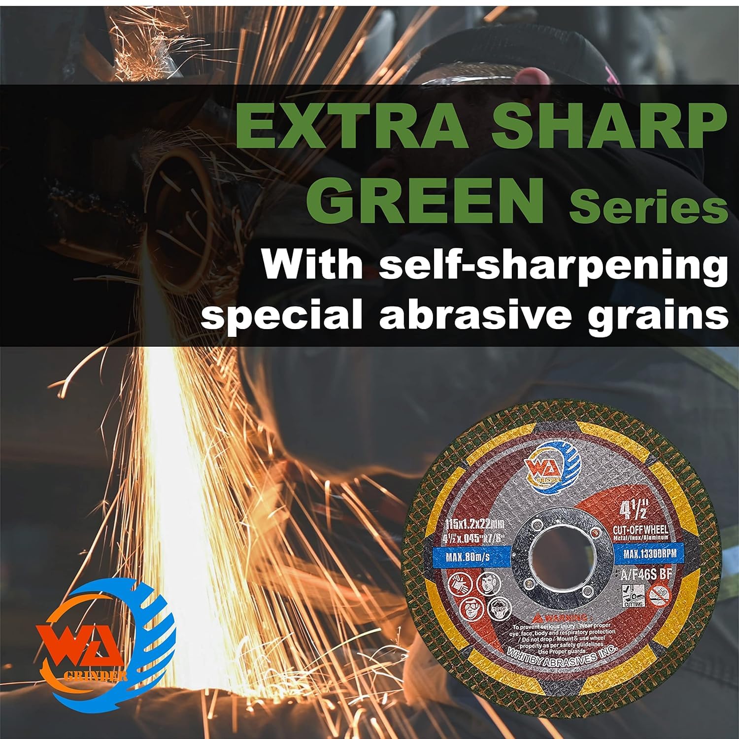 WA 100PACK - 4 1/2 inch Green Cutting Wheels for Metal & Stainless Steel Angle Grinder Cut-Off Disc Aggresive Cut Diameter (4½''X 7/8", 100PACK)