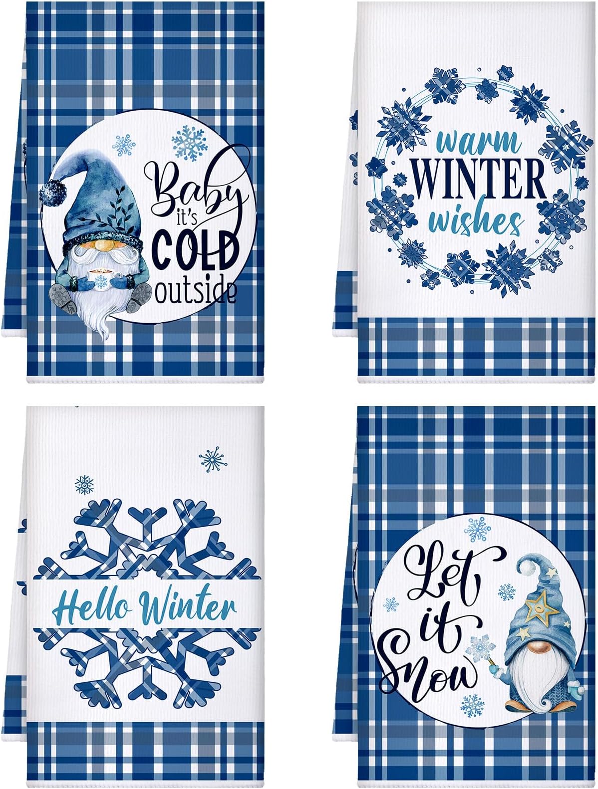 Patelai 4 Pack Winter Kitchen Towels Blue White Snowflake Gnome Dish Towels Buffalo Plaid Bathroom Hand Towel Farmhouse Christmas Tea Towel Winter Decorations for Home Indoor Kitchen Holiday Xmas Gift