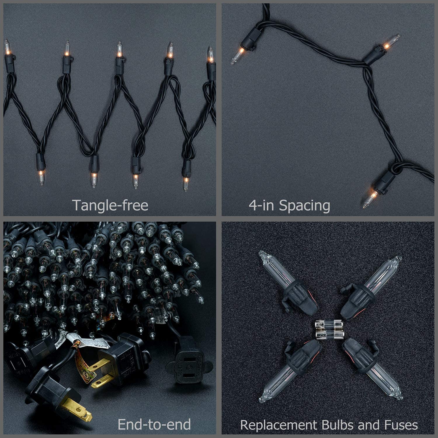 Luces de Navidad transparentes con cable negro, paquete de 2 juegos de 100 luces navideñas de 33 pies con certificación UL (transparente, cable negro) 6