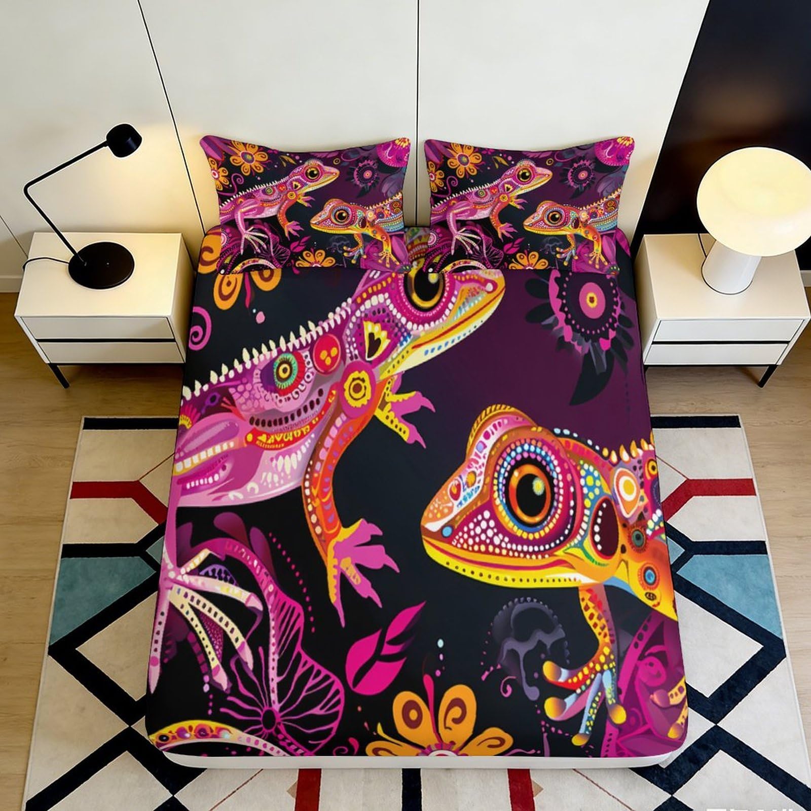 3D Printed Colorful Gecko Fitted Sheet Microfiber Soft Breathable Bright Lizard Bed Cover for Bedroom Dormitory Guest Room Mattress Protection 140x200x25cm