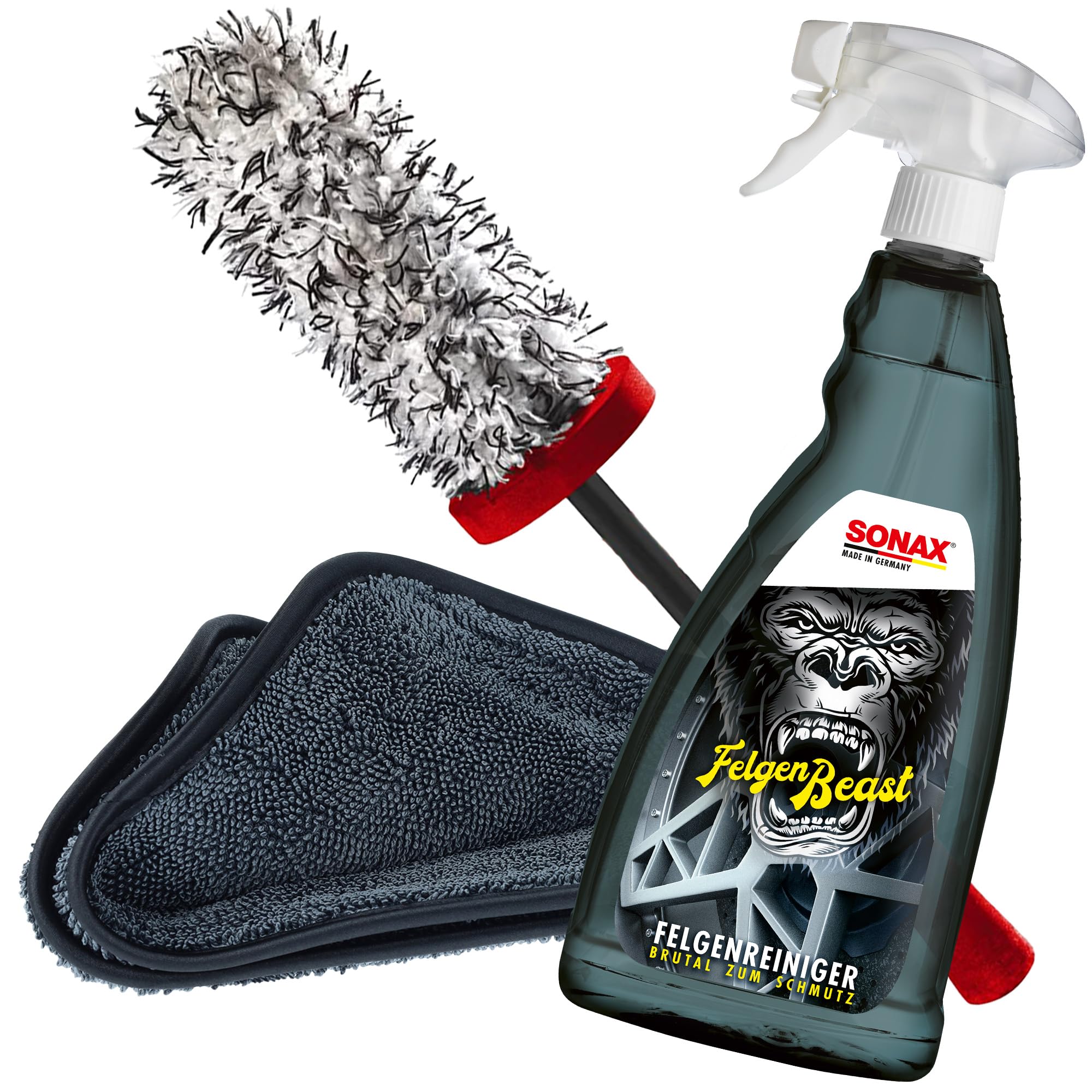 Felgen Reinigungs Set mit Sonax Mikrofaser Felgenbürste lang + Felgenbeast Felgenreiniger 1 Liter + detailmate Trockentuch 40x40cm - ideal für Alufelgen