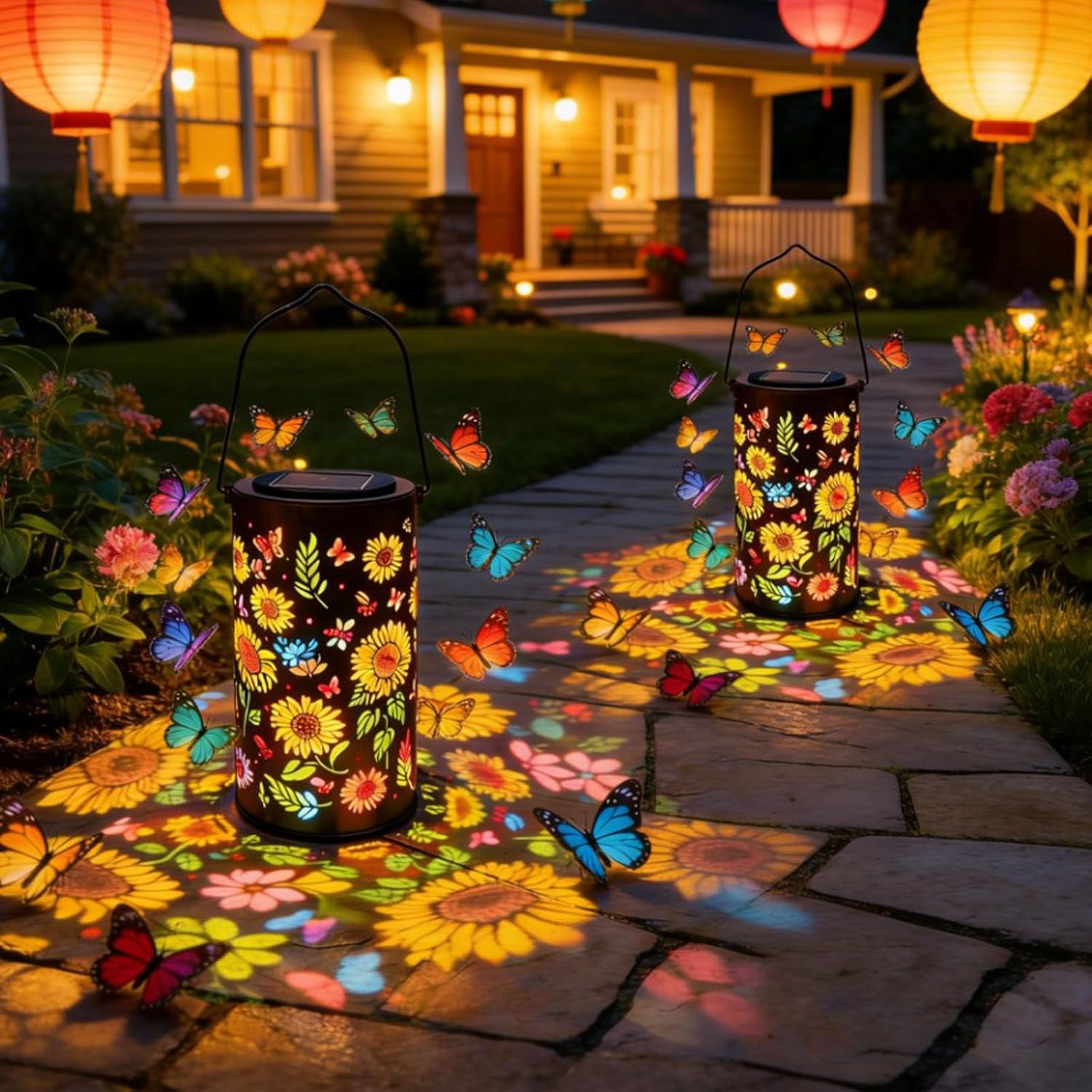 Colorful Sunflower Glow Solar Garden Lantern, Courtyard Openwork Decorative Lights, Can be Hung or Laid Flat, Windproof and Rainproof, for Garden Post Patio Backyard Yard Decor (2 PCS)