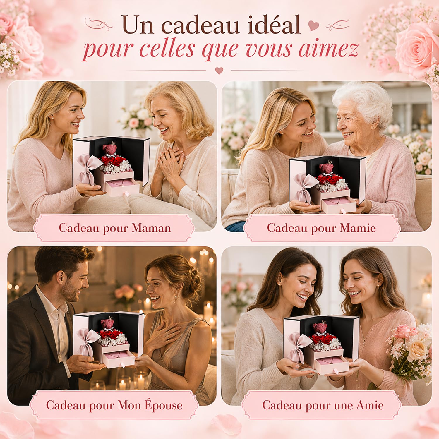 Cadeau Anniversaire Femme, Rose Eternelle avec vec Collier En Argent Sterling et Ours Rose, Cadeaux Romantiques pour Aint Valentin,Anniversaire:Parfait pour Femme,Sa,Copine,Petite Amie et Maman