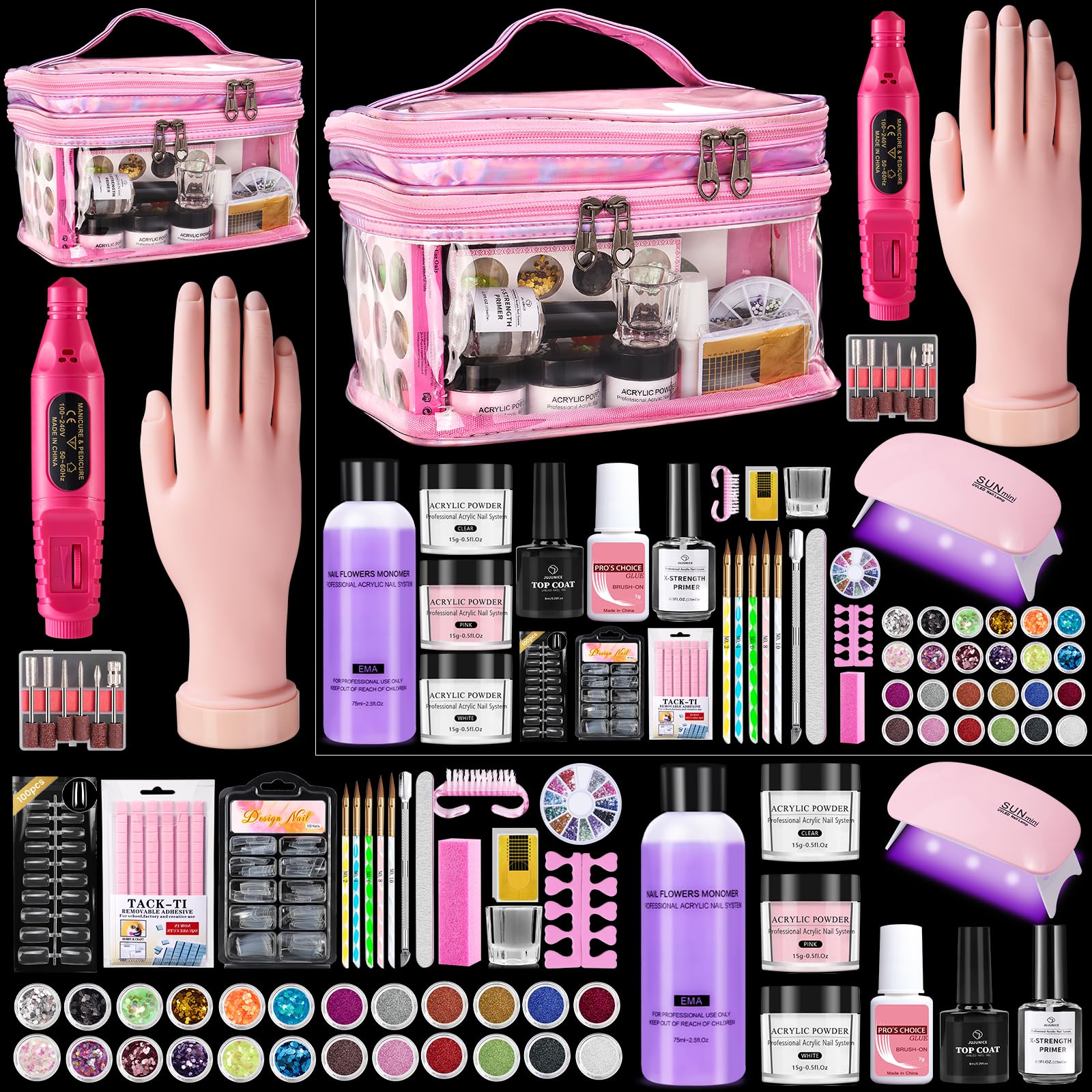 Deciniee Acrylique Kit Ongles Pour Débutants–Faux Ongles/Poudre Acrylique/Lampe UV/Main D'Entrainement Manucure-Idéal Pour DIY Nail Art-Kit Avec Outils Complet Dans Un Sac De Stockage Rose