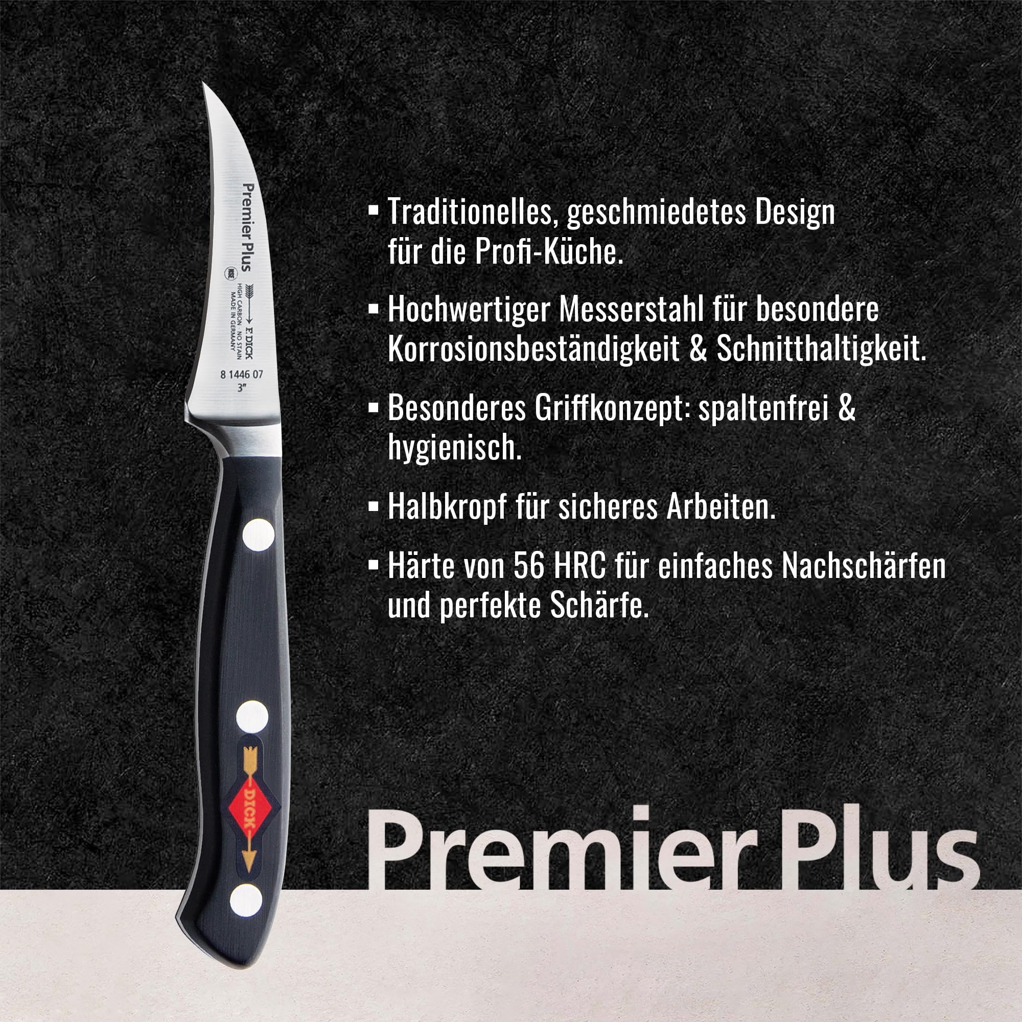F. Dick Tourniermesser, Premier Plus (Messer mit Klinge 7 cm, X50CrMoV15 Stahl, nichtrostend, 56° HRC) 81446072, Schwarz, 17 cm