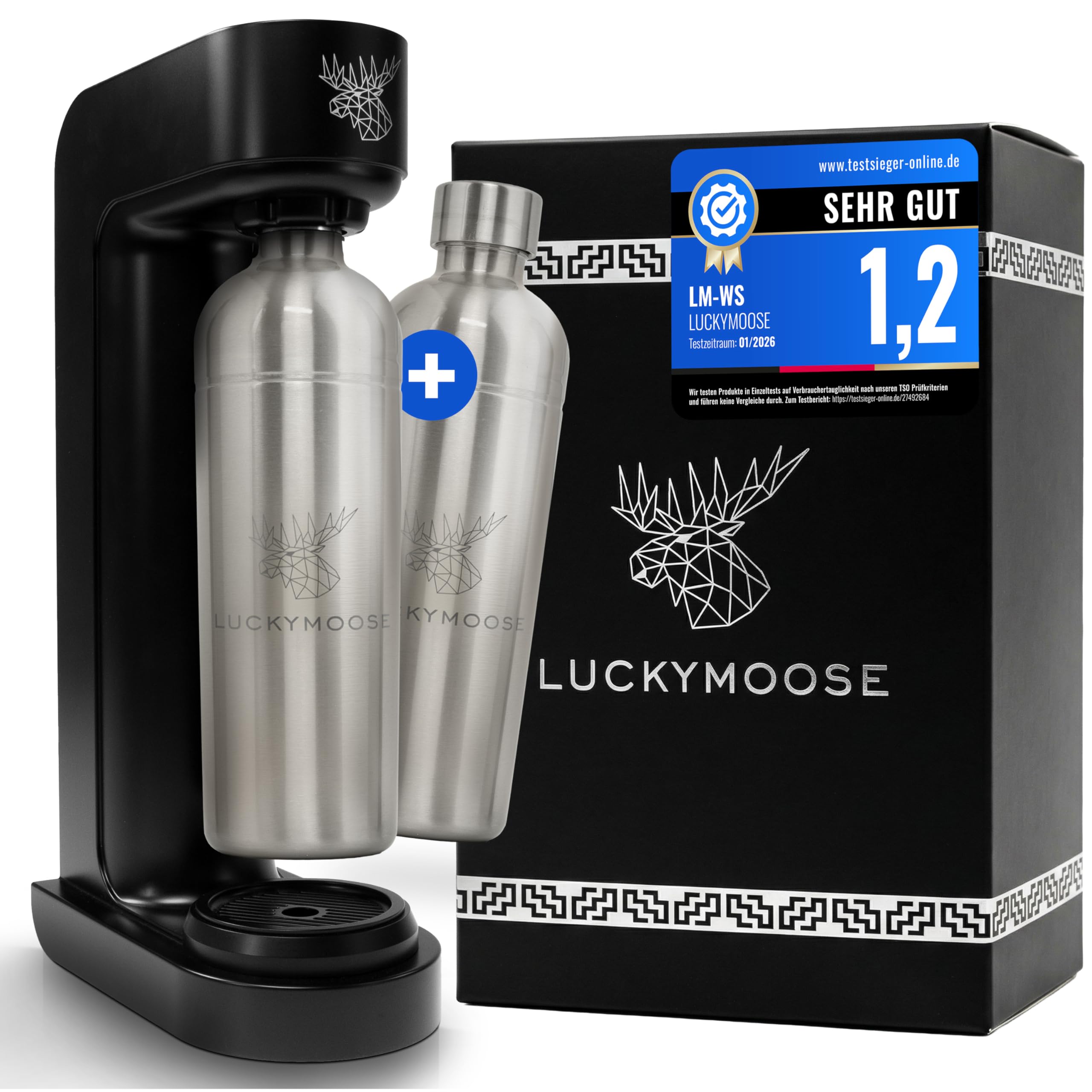 Luckymoose Infinity Machine à eau pétillante & Soda streaming machine – Set 2 Bouteilles Inox 1,25L – Gazéificateur d'eau Maison & Cuisine, Design Compact & Solide Compatible Cylindre CO2 Bleu
