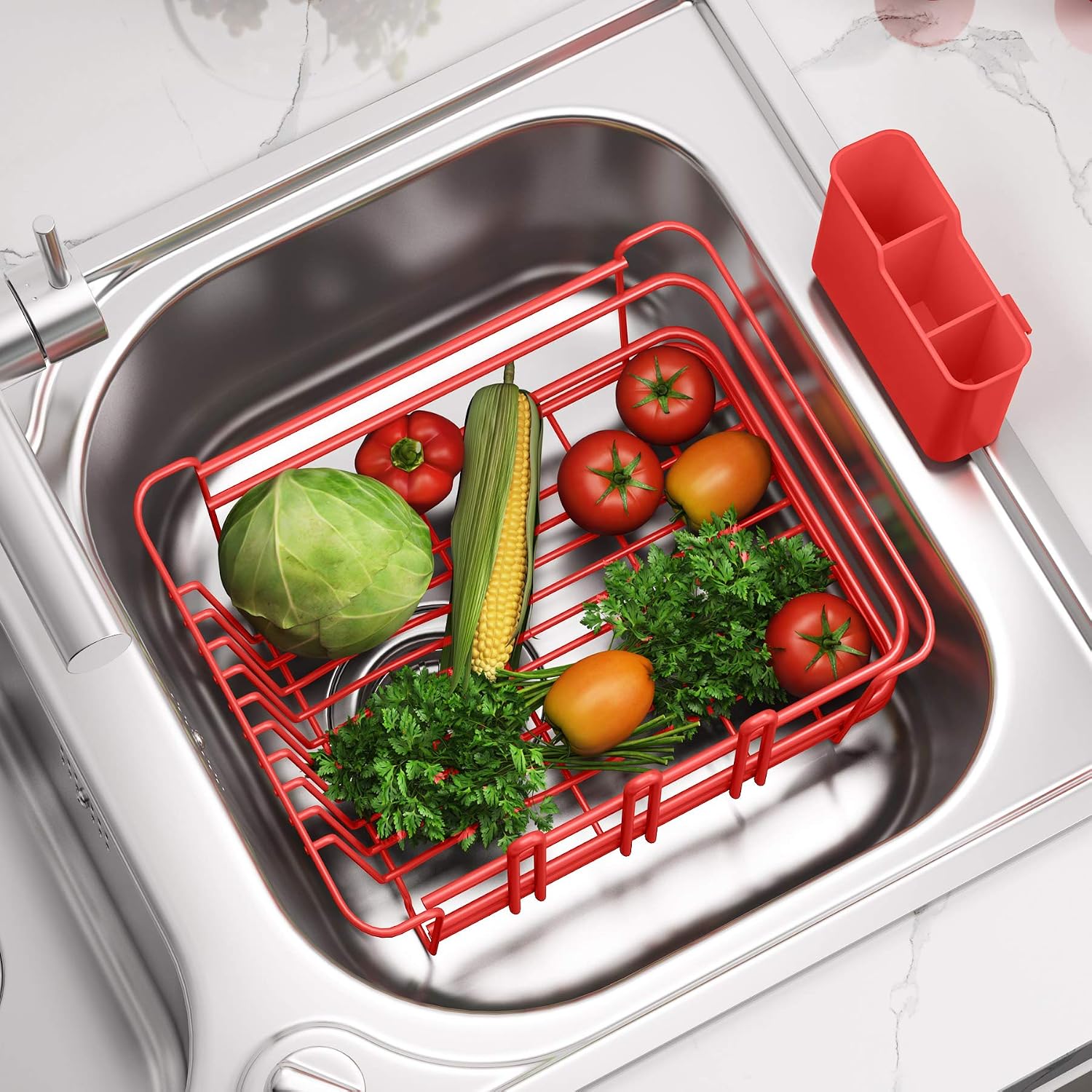 1Easylife Dish Drying Rack, Dish Drainer for Kitchen Rustproof Dish Rack and Drainboard Set with Removable Utensil Holder and Adjustable Swivel Spout, Countertop or in Sink Dry Rack Orange (Red)