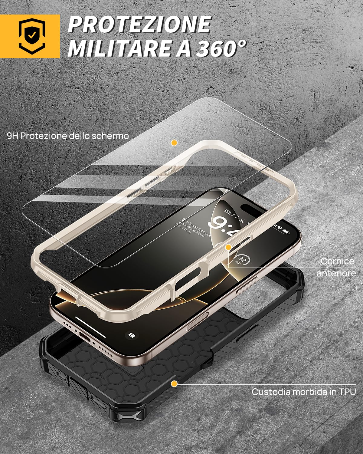 Lanhiem Cover per iPhone 16 Pro Max con 2 Pezzi Vetro Temperato, 14FT Antiurto Anticaduta Militare,Supporto Magnetico Anello a 360° Protezione Armor Protezione, Custodia per iPhone 16 Pro Max, Oro