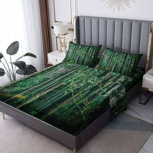 Juego de sábanas de 4 piezas con patrón de bosque tamaño Queen, color verde árbol, sábanas y fundas de almohada Sábana bajera ajustable de