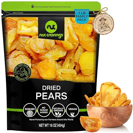 NUT CRAVINGS - Sun Dried California Pears, No Sugar Added, Unsweetened (16oz, 1 LB) Bulk Dry Fruits Packed Fresh in Resealable Bag - Sweet Healthy Snack, Naturally Grown, Vegan, Kosher