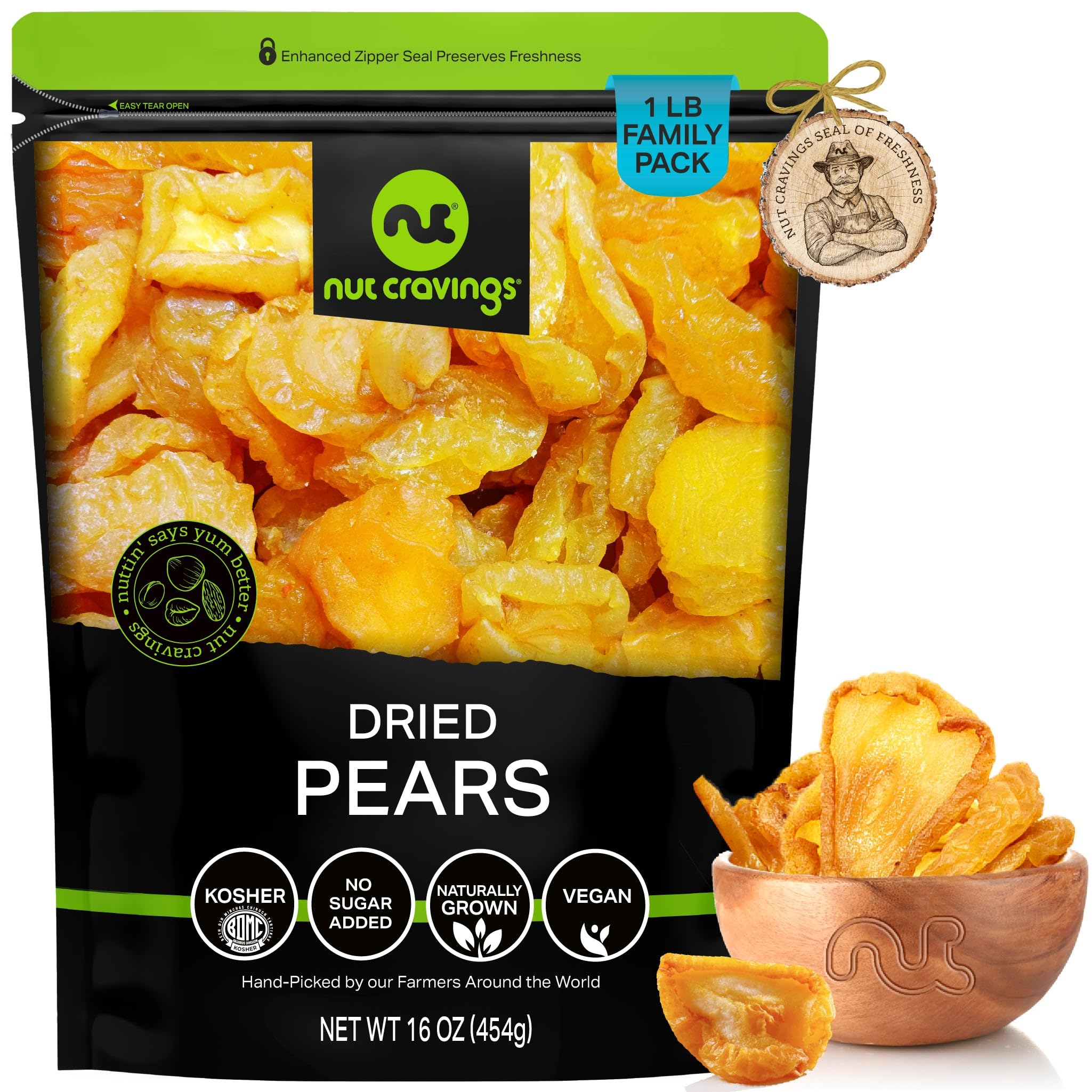 Nut Cravings Dried Fruit-California Pears Sun-Dried No Added Sugar(16Oz-1Lb) Fresh Packaged In Resealable Bag-Sweet Snack, Healthy Food, All Natural, V