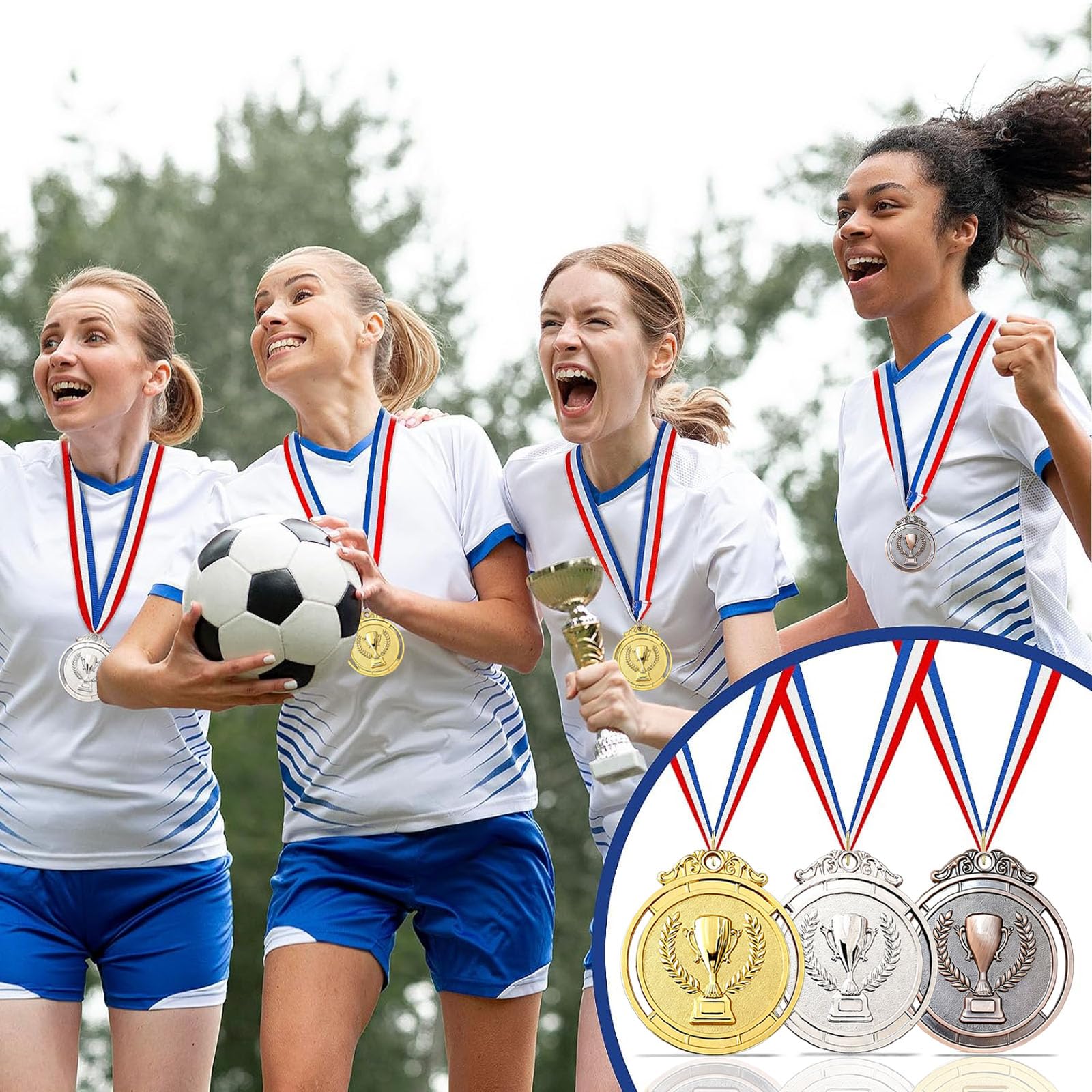 12 sztuk medali nagród, złote srebrne brązowe medale ze wstążkami na szyję, medale nagrody dla dzieci, na zawody, imprezy, sport, styl olimpijski