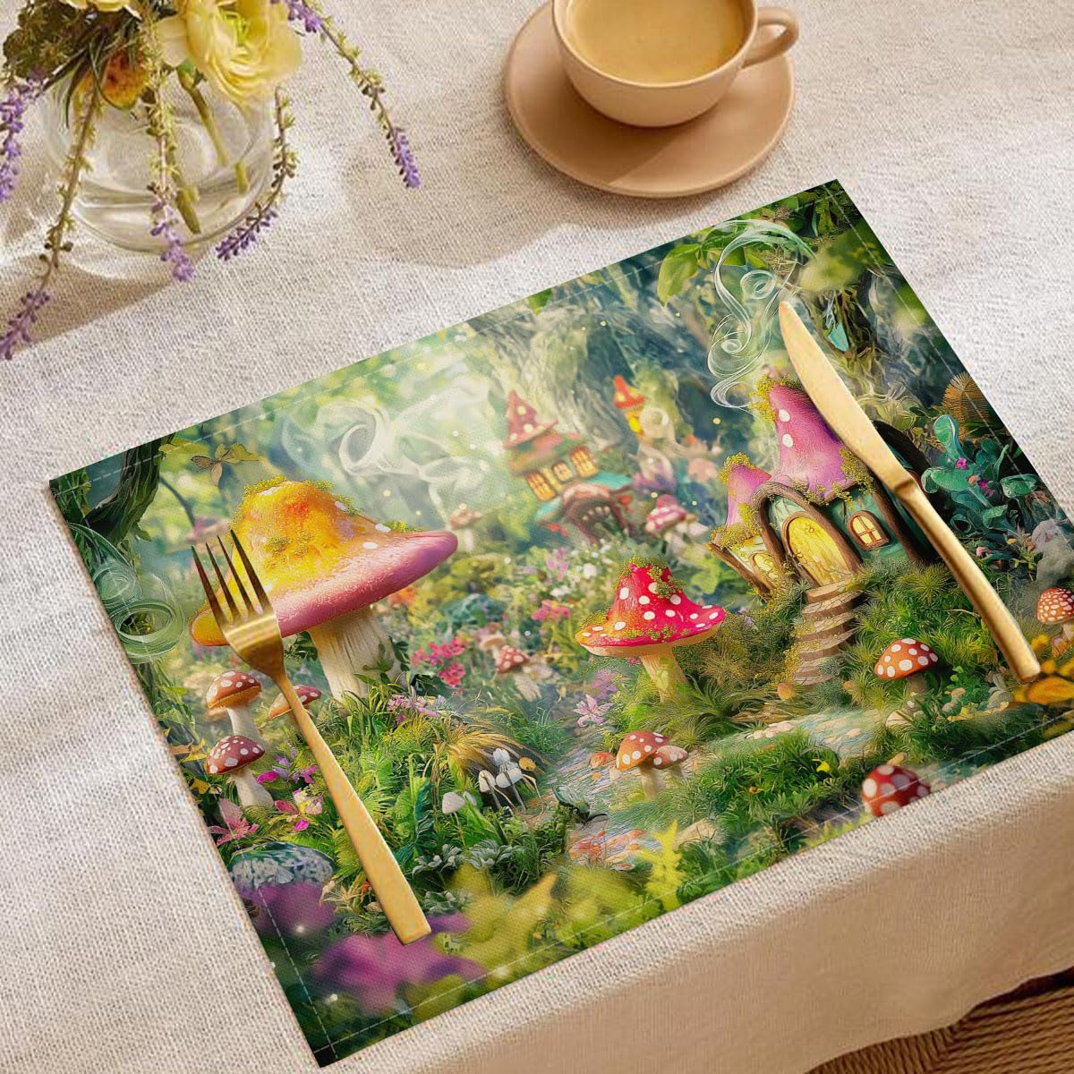 Set Di 8 Tovagliette Lavabili Casa Fungo Dei Cartoni Animati Tovaglietta Con Foresta Fantasy Resistenti Al Calore, Sottopiatti Verde Smeraldo Facile Pulizia Antiscivolo Per Tavolo Da Cucina, 45X30Cm