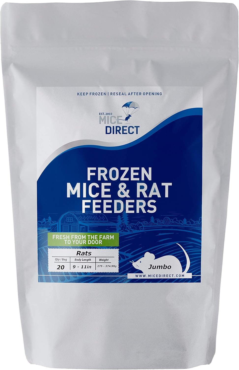 MiceDirect 10 Premium Frozen Rat Jumbo Feeders Snake Food for Adult Red Tail Boas and Large Monitors (9-11 in)(Pack of 2)(2750 Grams Min)