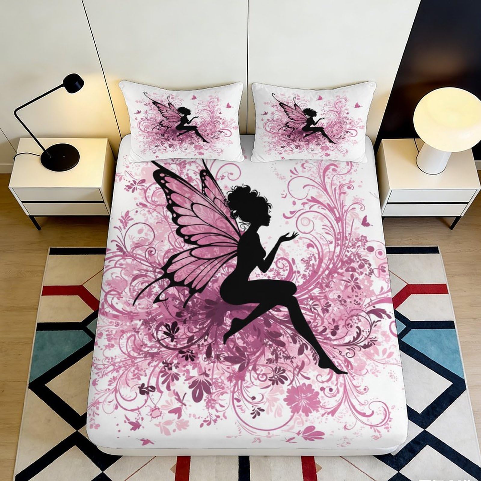3D Printed Fairy Silhouette Fitted Sheet Microfiber Pink Swirl Pattern Mattress Cover Non-slip Machine Washable Decor 180x200x25cm
