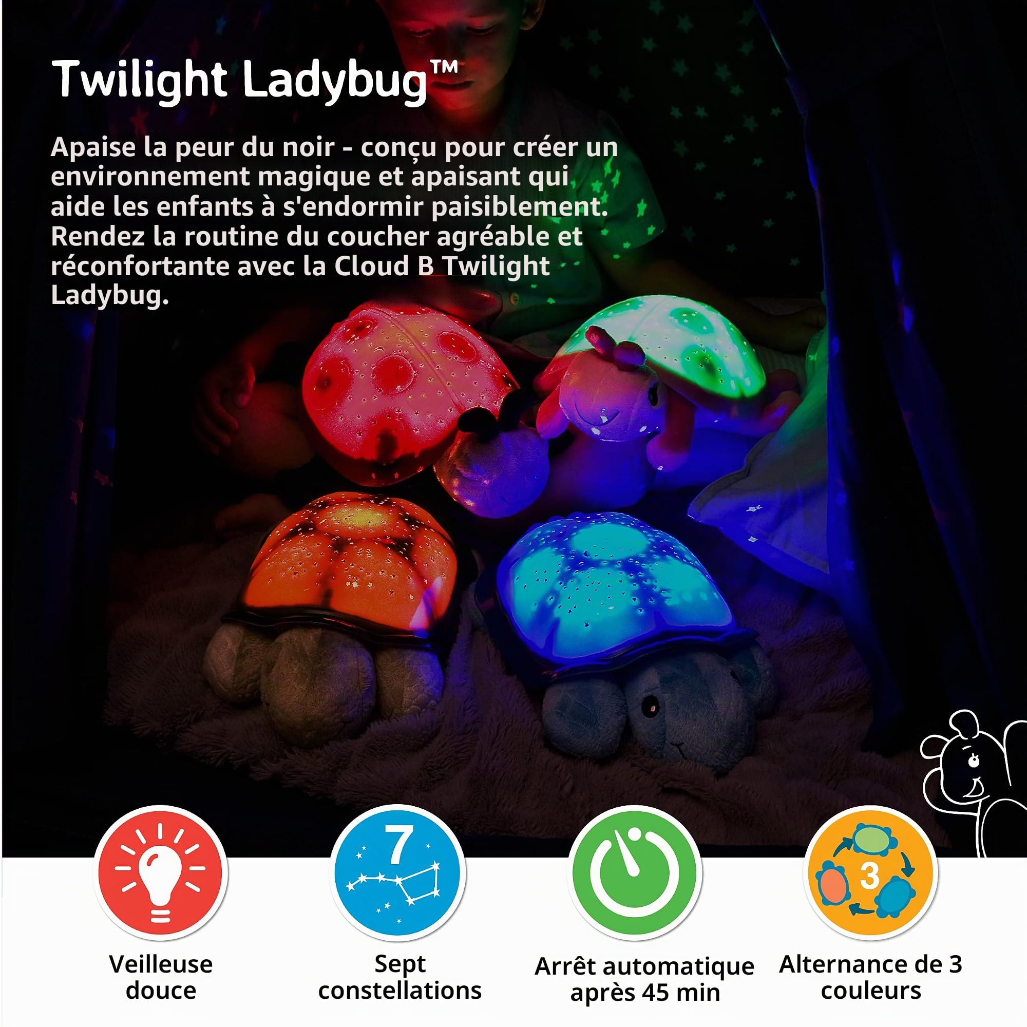 Cloud b Veilleuse Apaisante Projecteur d'étoiles | Luminosité douce | 3 Couleurs | 7 Constellations | Arrêt automatique | Veilleuse Tortue Twilight Ladybug Rose